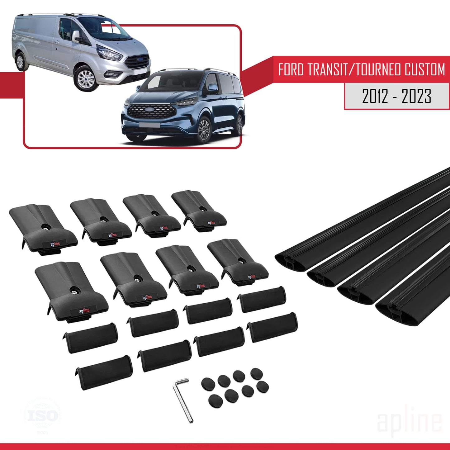 Kompatibel mit Ford Transit/Tourneo Custom 2012-2023 FLY Modell Dachgepäckträger, schwarzes Aluminium, 4 Stangen
