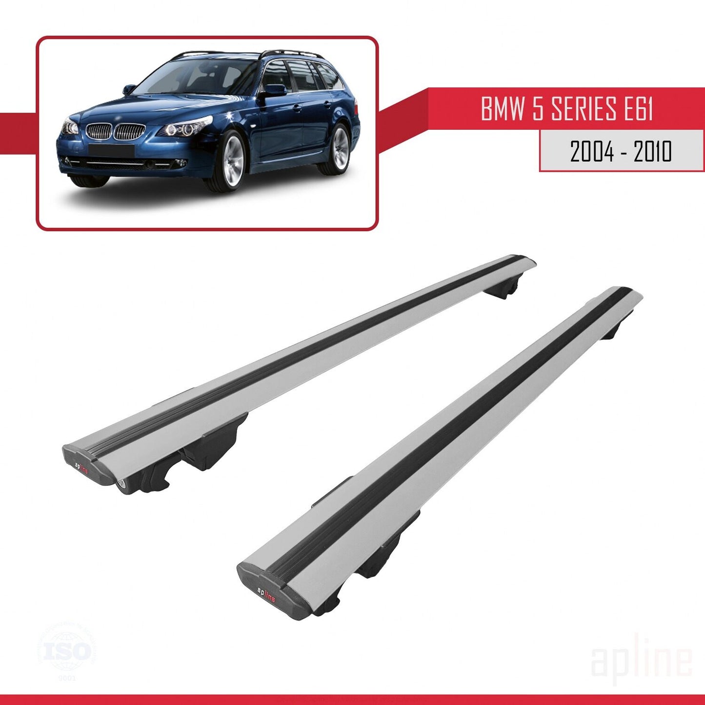 Kompatibel mit BMW 5er (E61) Touring 2004-2010 HOOK Modell Dachgepäckträger, graues Aluminium, 2 Stangen