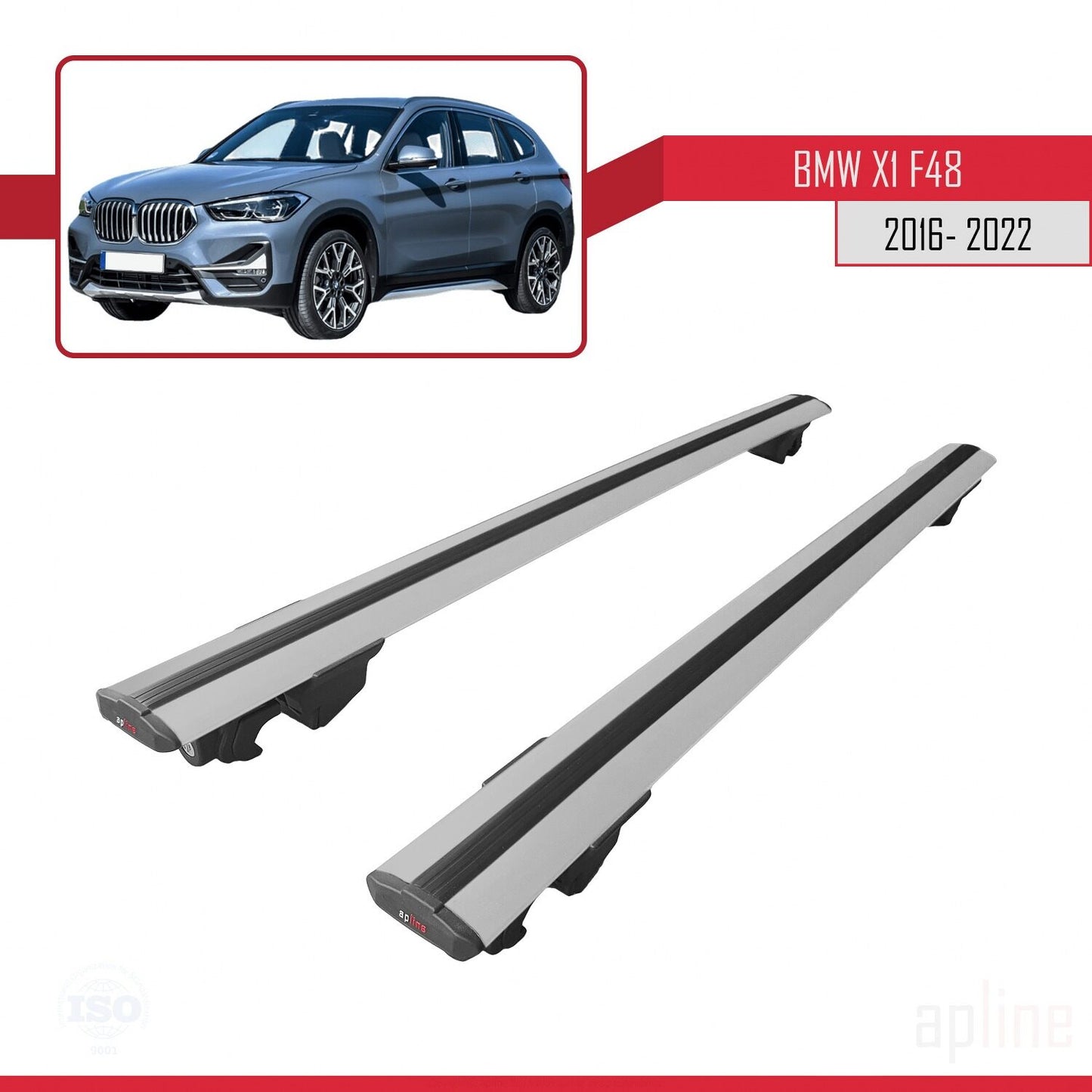 Kompatibel mit BMW X1 (F48) 2016-2022 HOOK Modell Dachgepäckträger, graues Aluminium, 2 Stangen