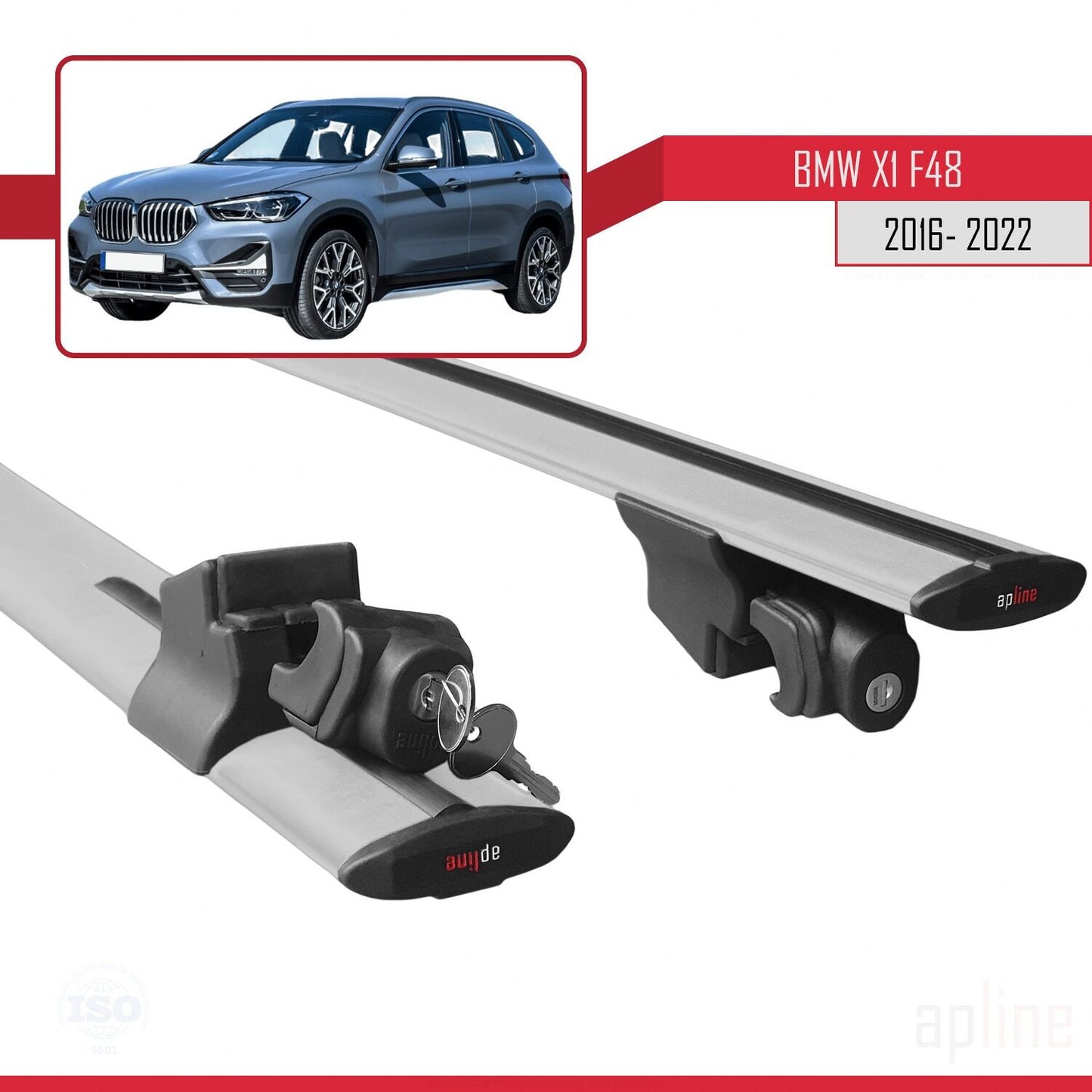 Kompatibel mit BMW X1 (F48) 2016-2022 HOOK Modell Dachgepäckträger, graues Aluminium, 2 Stangen