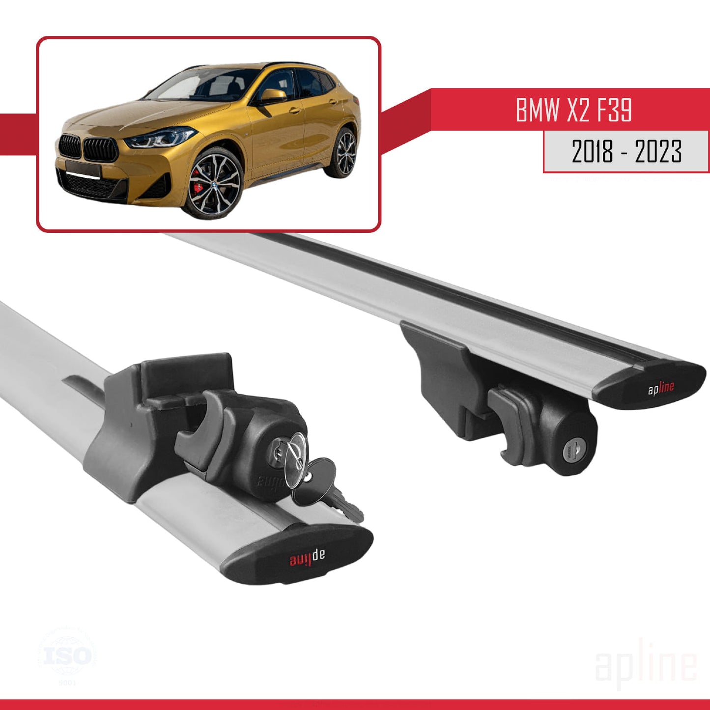 Kompatibel mit BMW X2 (F39) 2018-2023 HOOK Modell Dachgepäckträger, graues Aluminium, 2 Stangen