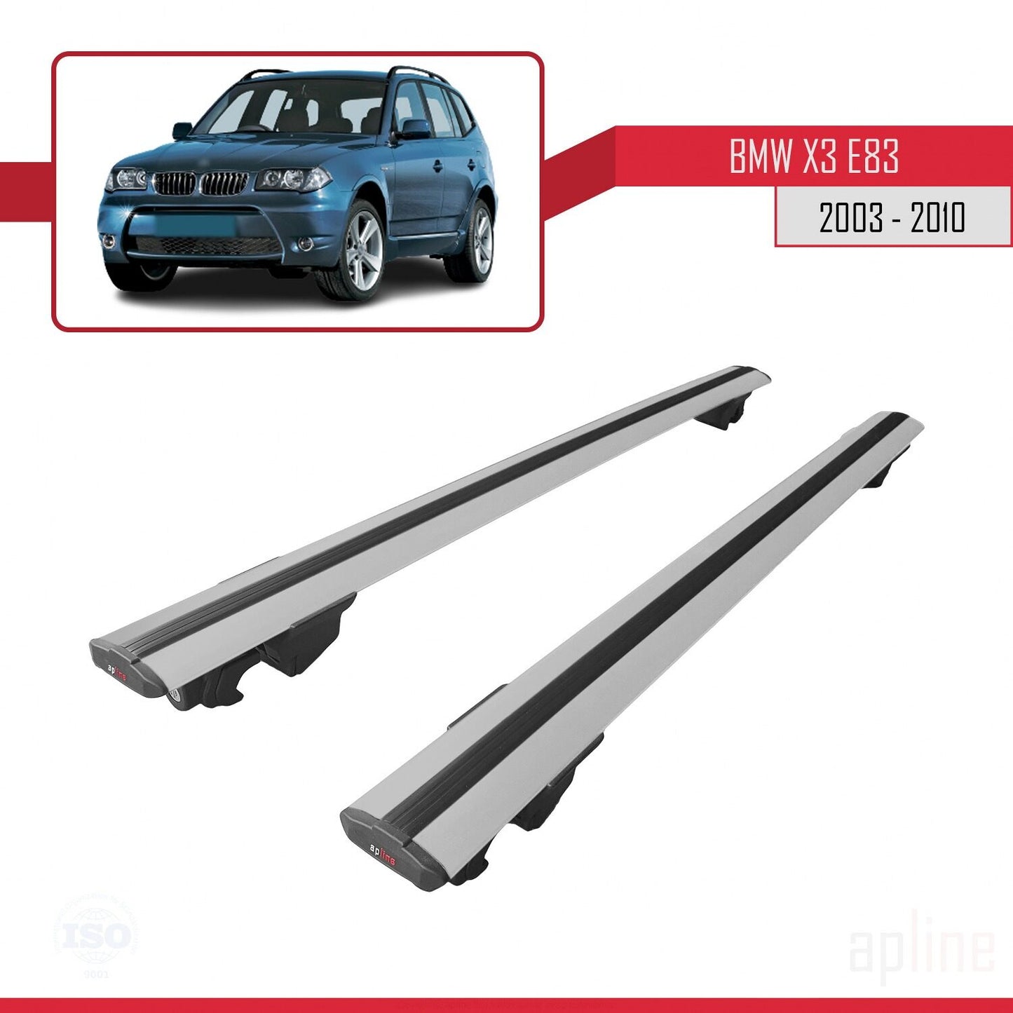 Kompatibel mit BMW X3 (E83) 2003-2010 HOOK Dachgepäckträger, graues Aluminium, 2 Stangen