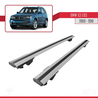 Kompatibel mit BMW X3 (E83) 2003-2010 HOOK Dachgepäckträger, graues Aluminium, 2 Stangen