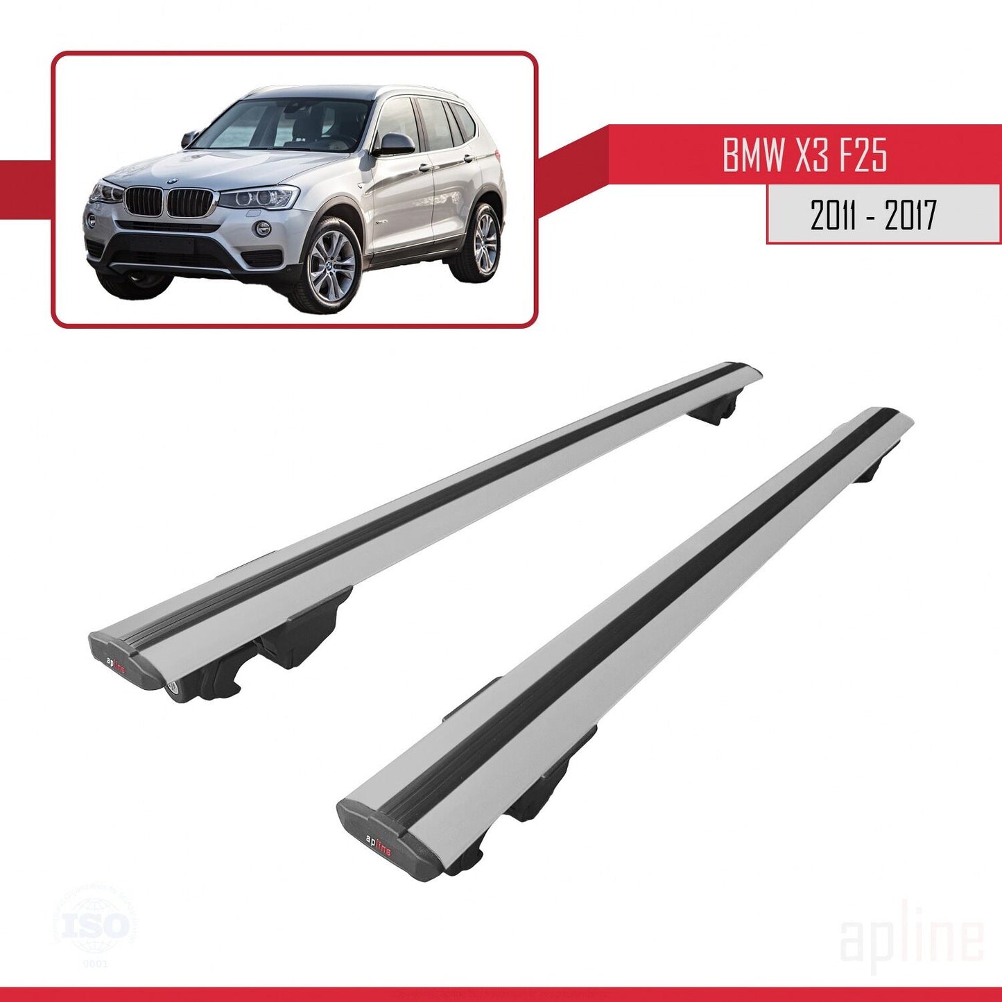 Kompatibel mit BMW X3 (F25) 2011-2017 HOOK Dachgepäckträger, graues Aluminium, 2 Stangen