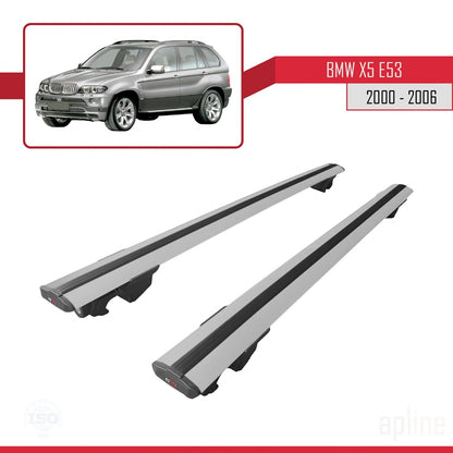Kompatibel mit BMW X5 (E53) 2000-2006 HOOK Modell Dachgepäckträger, graues Aluminium, 2 Stangen