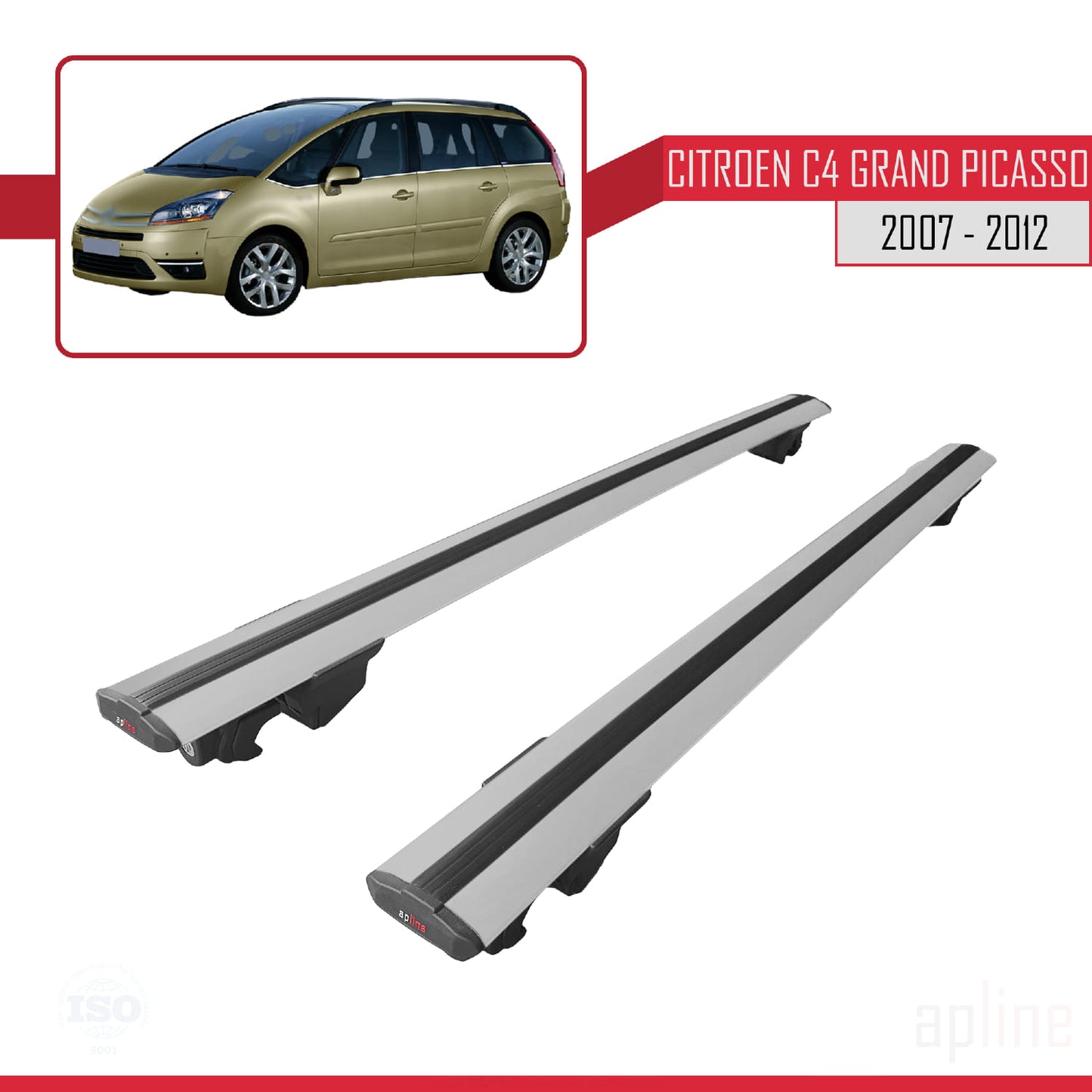 Kompatibel mit Citroen Grand C4 Picasso 2007-2012 HOOK Modell Dachgepäckträger, graues Aluminium, 2 Stangen