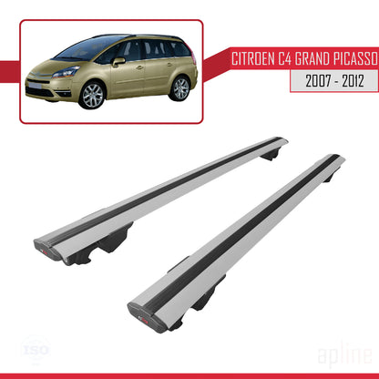 Kompatibel mit Citroen Grand C4 Picasso 2007-2012 HOOK Modell Dachgepäckträger, graues Aluminium, 2 Stangen