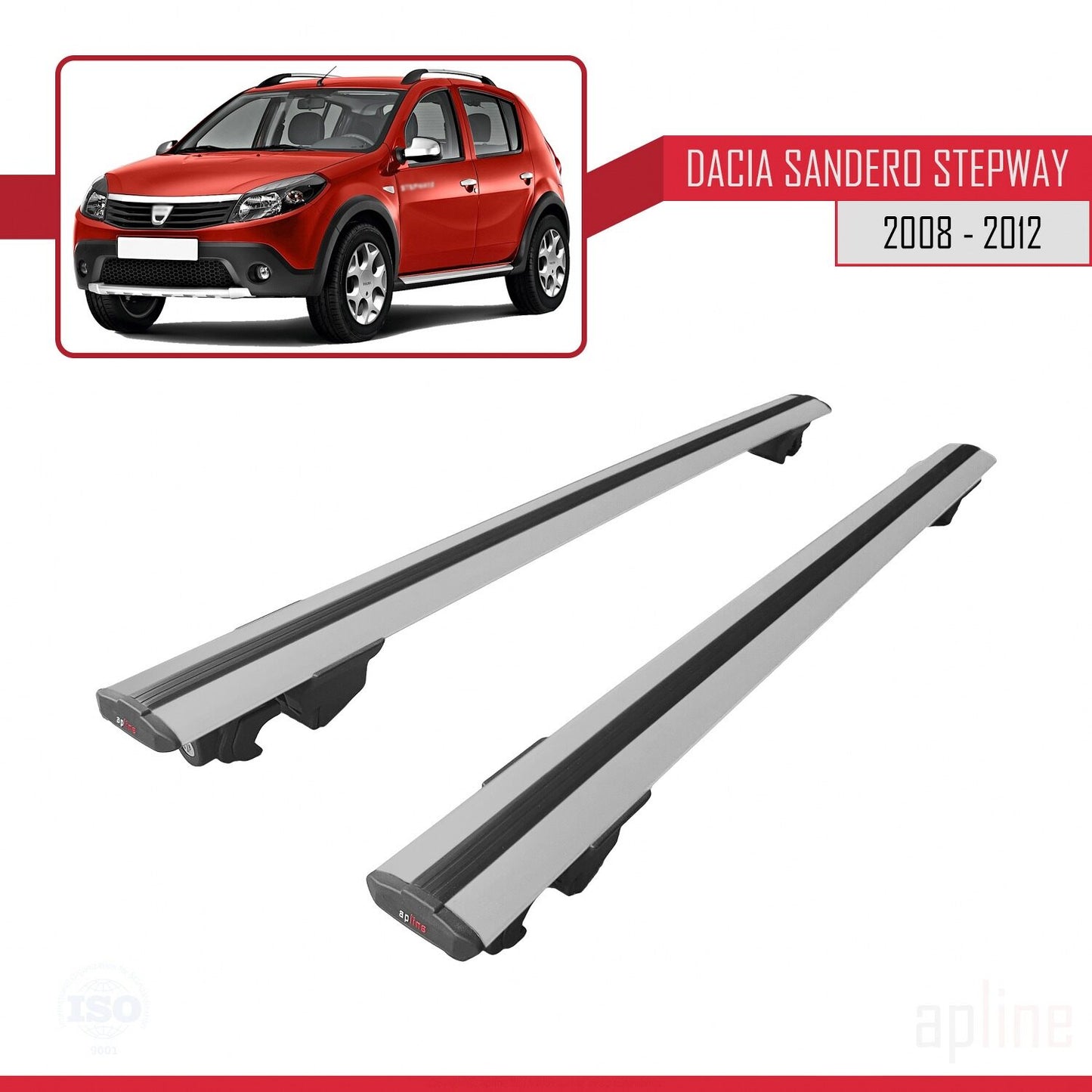 Kompatibel mit Dacia Sandero Stepway 2008-2012 HOOK Modell Dachgepäckträger, graues Aluminium, 2 Stangen