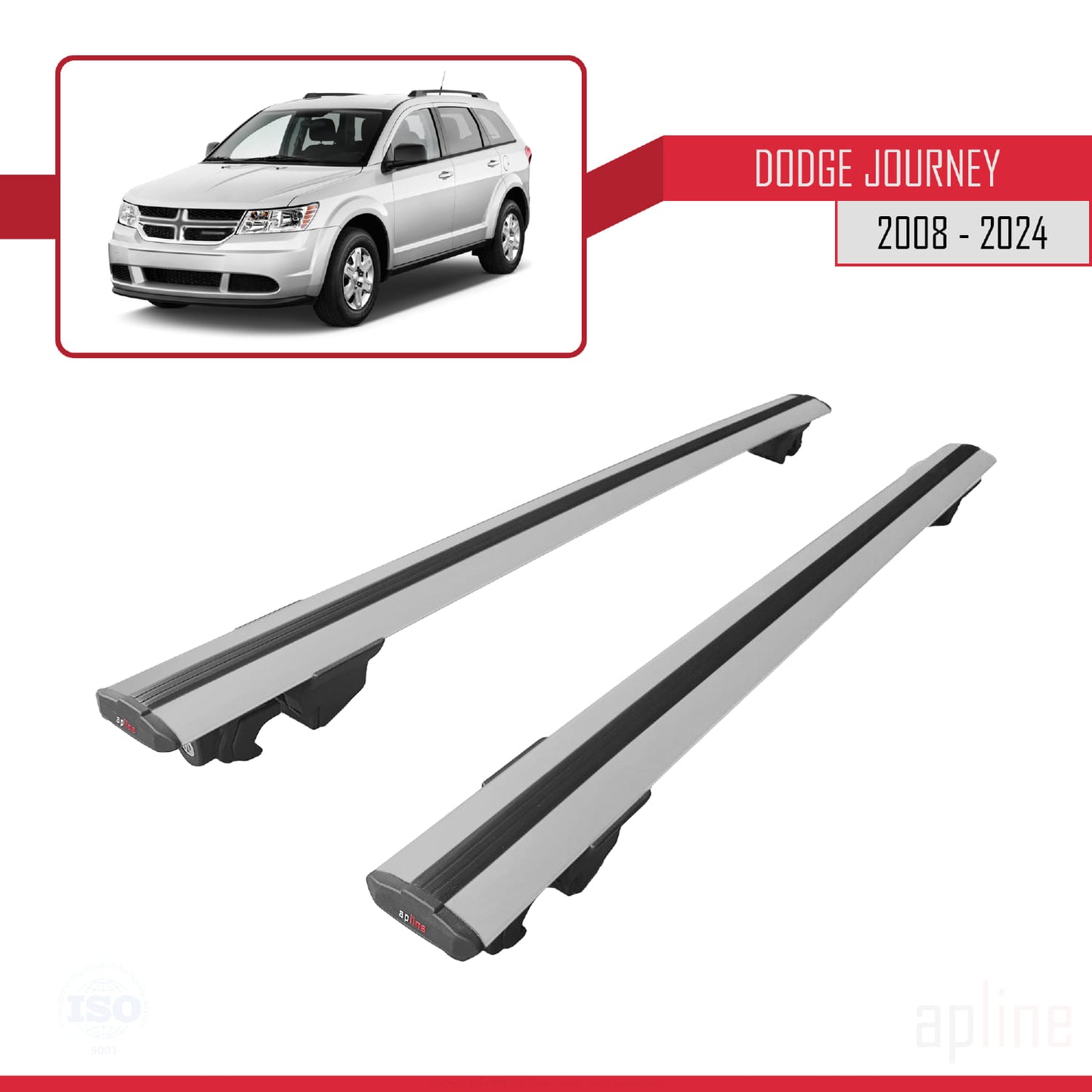 Kompatibel mit Dodge Journey 2008-2024, HOOK Modell Dachgepäckträger, graues Aluminium, 2 Stangen