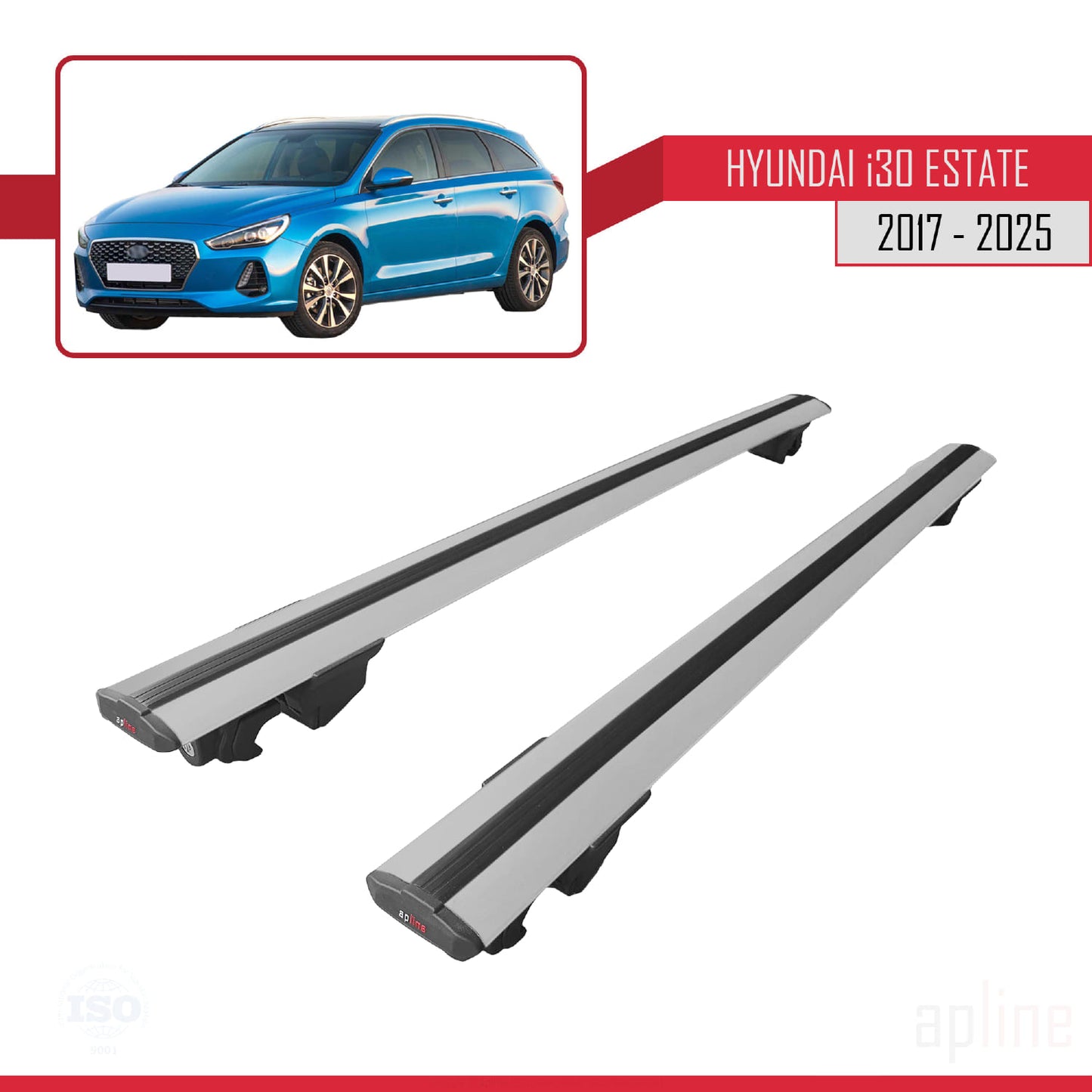 Compatible avec Hyundai i30 3 (PD) Break 2017-2025 HOOK Model Barres de Toit Railing Porte-Bagages de Voiture Gris Aluminium 2 Barres