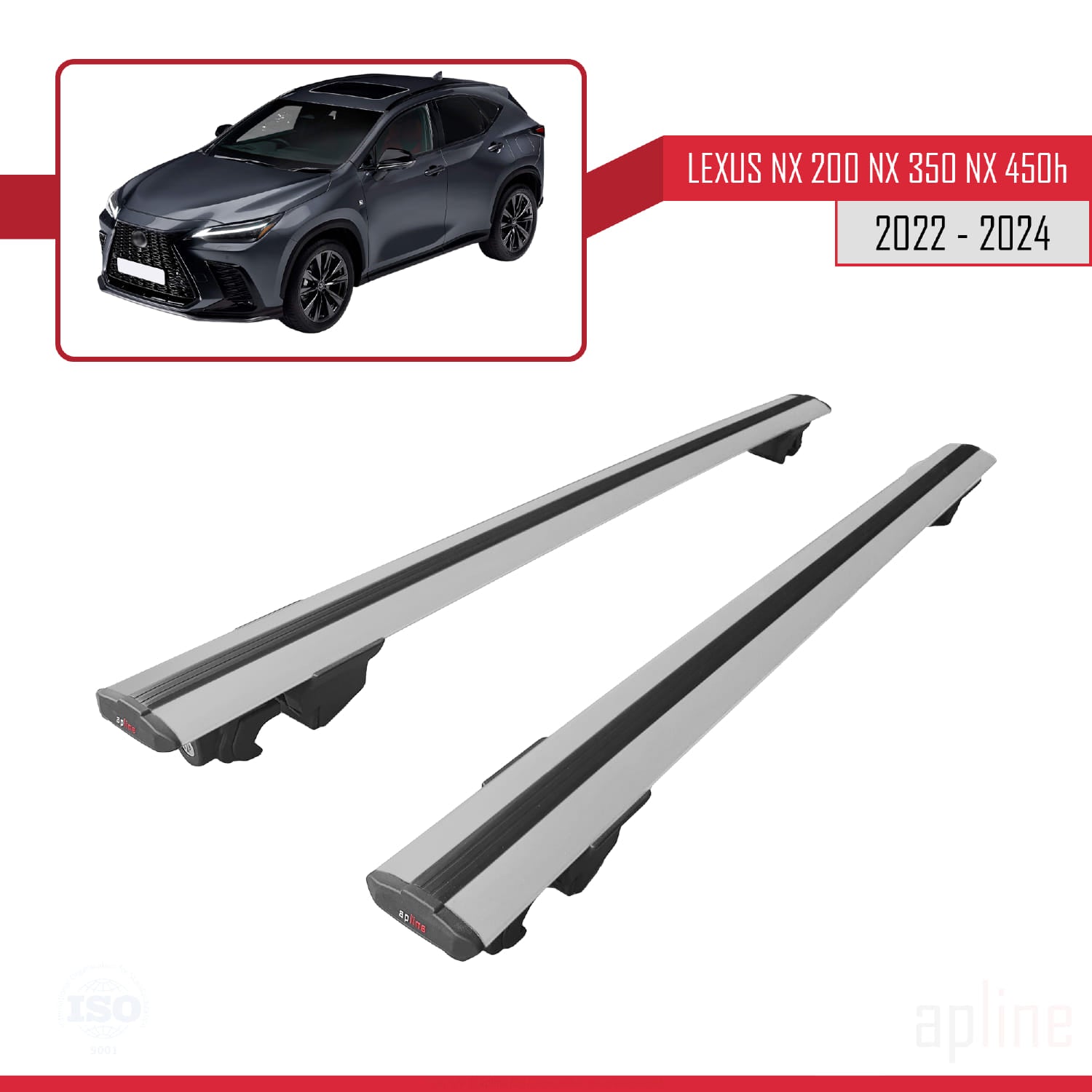 Compatible avec Lexus NX 200 NX 350 NX 450h 2022-2024 HOOK Model Barres de Toit Railing Porte-Bagages de Voiture Gris Aluminium 2 Barres