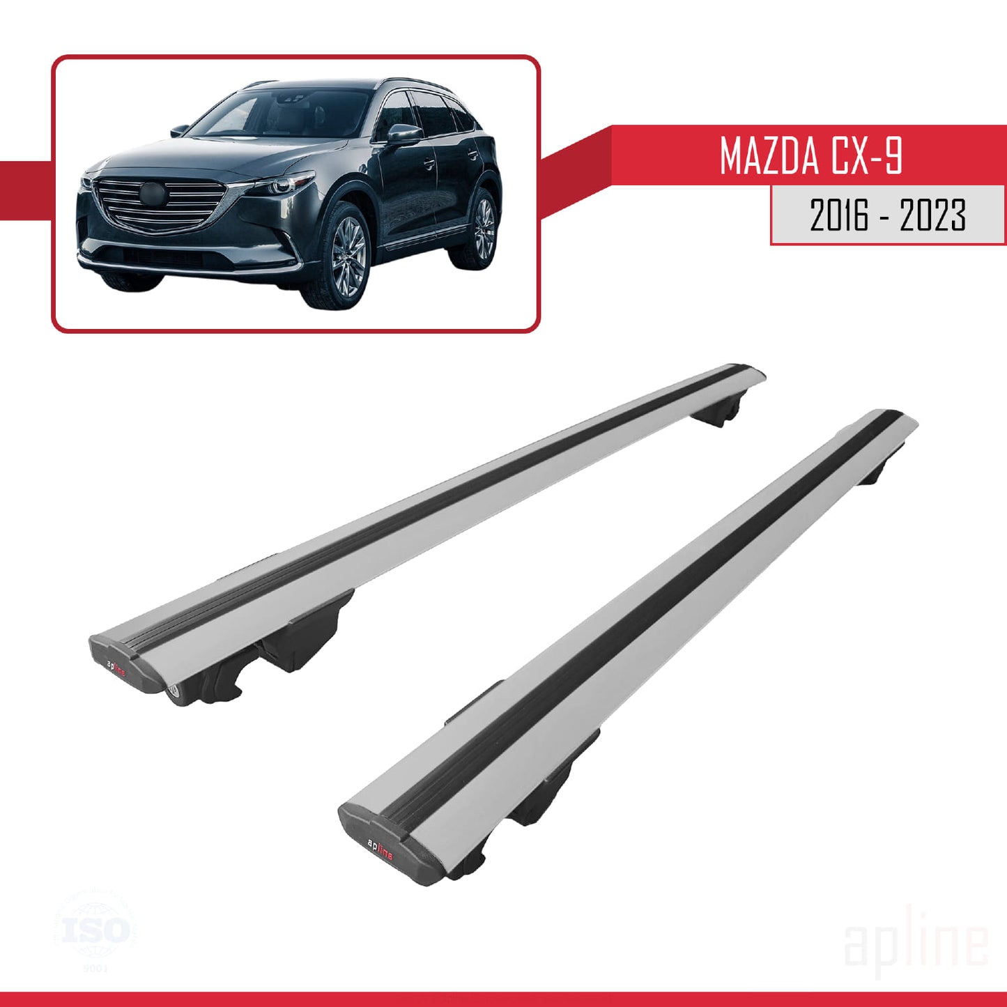 Compatible avec Mazda CX-9 2016-2023 HOOK Model Barres de Toit Railing Porte-Bagages de Voiture Gris Aluminium 2 Barres