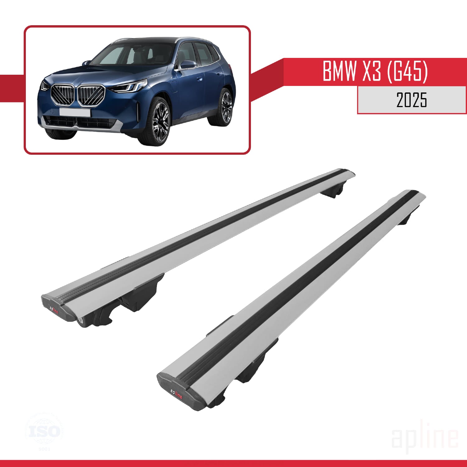 Compatible avec BMW X3 (G45) 2024-2025 HOOK Model Barres de Toit Railing Porte-Bagages de Voiture Gris Aluminium 2 Barres