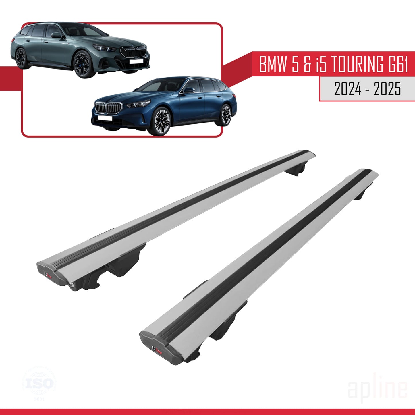 Compatible avec BMW 5 Series / i5 G61 Touring 2024-2025 HOOK Model Barres de Toit Railing Porte-Bagages de Voiture Gris Aluminium 2 Barres