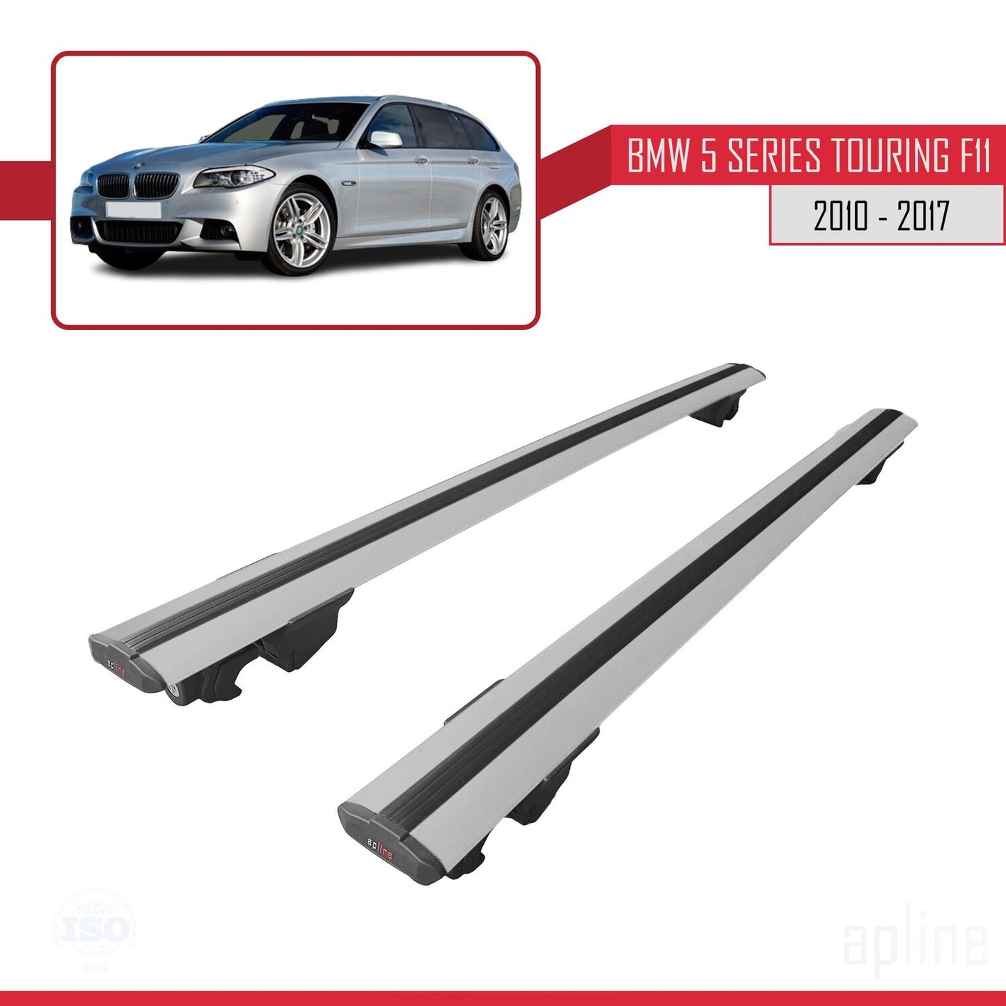 Compatible with BMW 5 Series (F11) Touring 2010-2017 HOOK Model Car Roof Rack Cross Bar Grey Aluminium 2 Bars