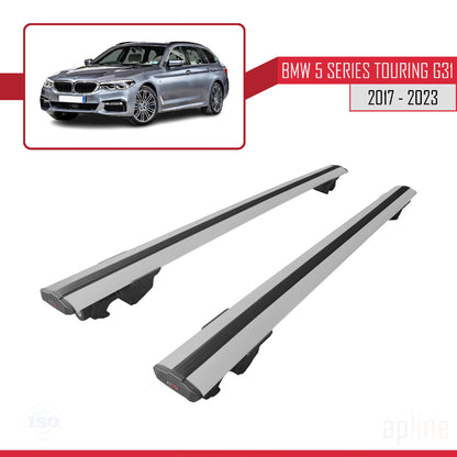 Compatible avec BMW Série 5 (G31) Touring 2017-2023 HOOK Model Barres de Toit Railing Porte-Bagages de Voiture Gris Aluminium 2 Barres