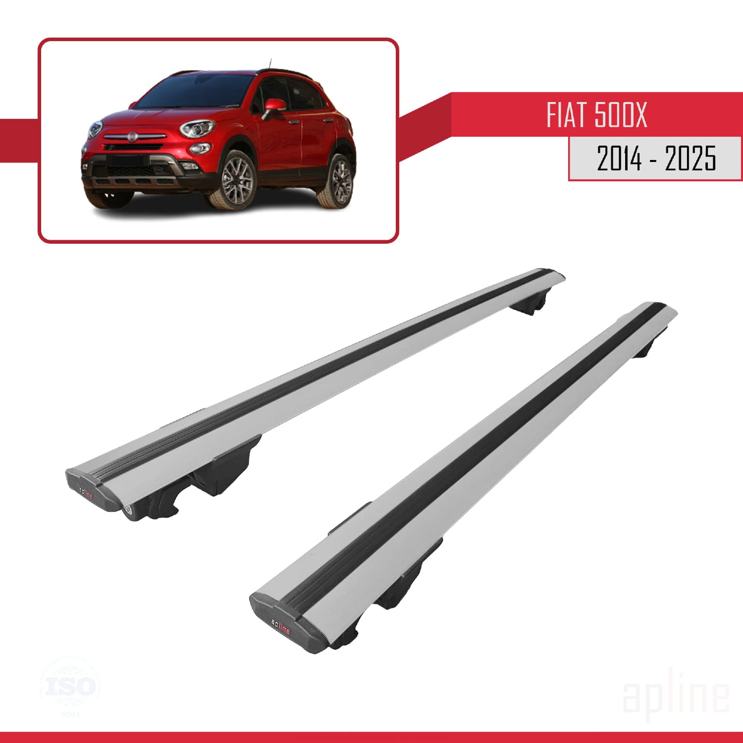 Kompatibel mit Fiat 500X 2014-2025 HOOK Modell Dachgepäckträger, graues Aluminium, 2 Stangen