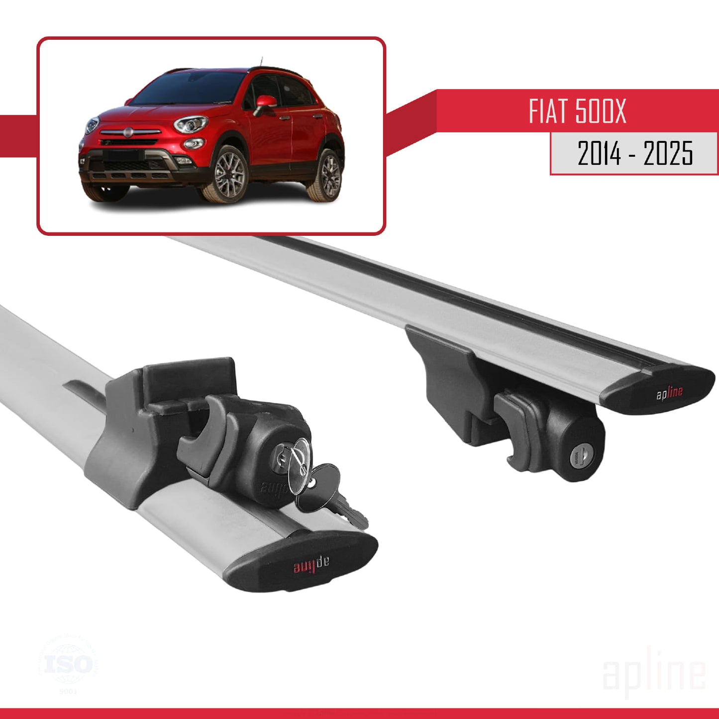 Kompatibel mit Fiat 500X 2014-2025 HOOK Modell Dachgepäckträger, graues Aluminium, 2 Stangen