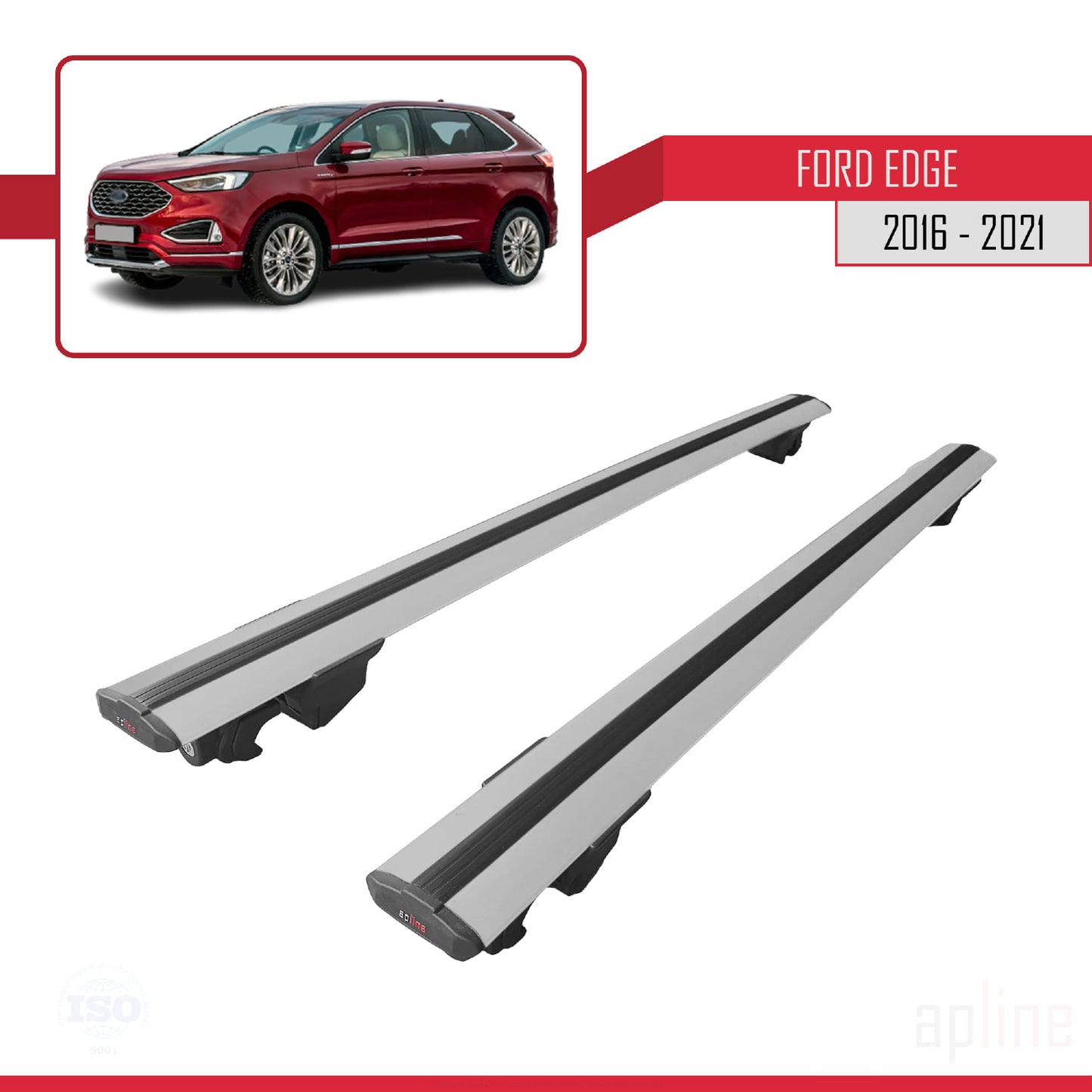 Kompatibel mit Ford Edge (CD539) 2016-2021 HOOK Modell Dachgepäckträger, graues Aluminium, 2 Stangen