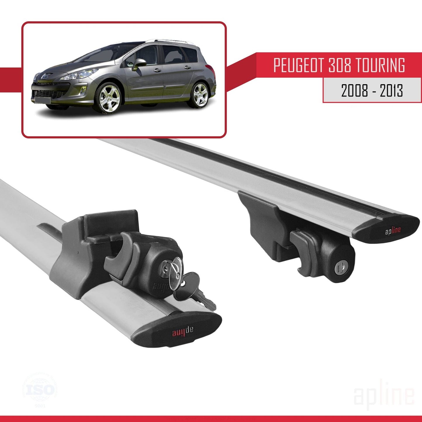 Compatible with Peugeot 308 (T7) SW 2008-2013 HOOK Model Car Roof Rack Cross Bar Grey Aluminium 2 Bars