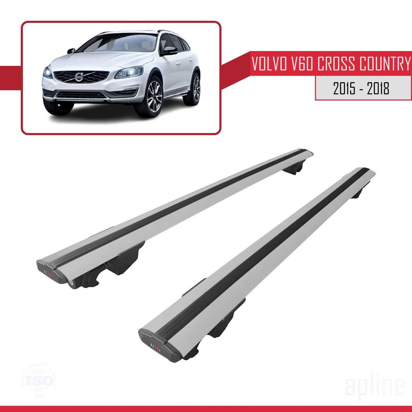 Compatible avec Volvo V60 Cross Country 2015-2018 HOOK Model Barres de Toit Railing Porte-Bagages de Voiture Gris Aluminium 2 Barres