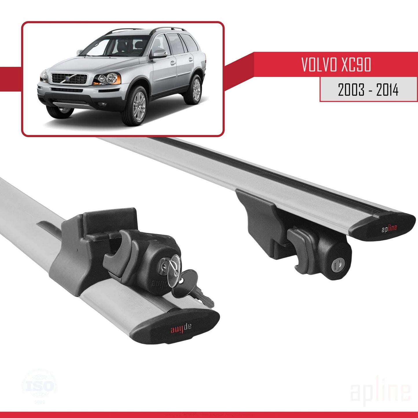 Compatible avec Volvo XC90 2003-2014 HOOK Model Barres de Toit Railing Porte-Bagages de Voiture Gris Aluminium 2 Barres