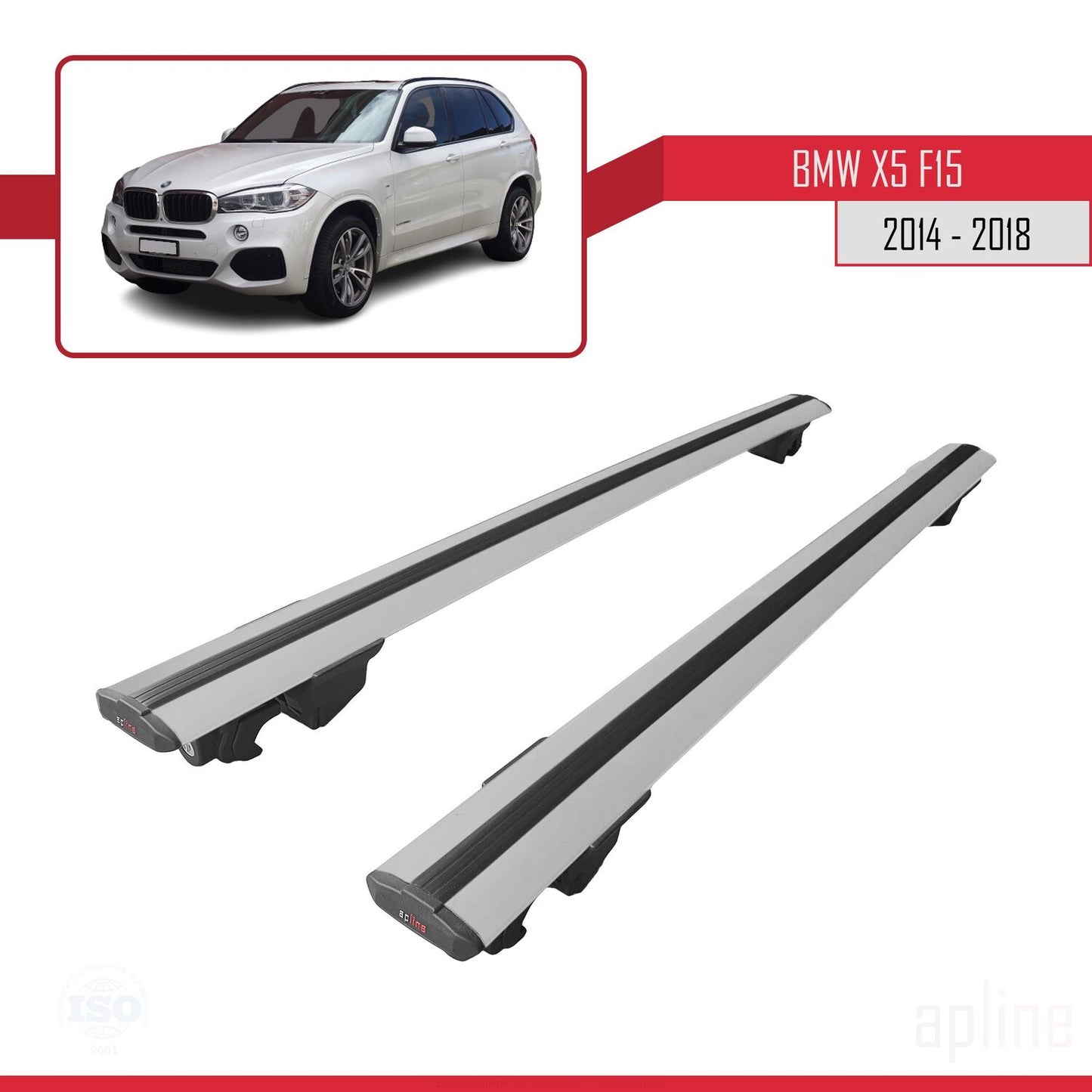 Kompatibel mit BMW X5 (F15) 2014-2018 HOOK Modell Dachgepäckträger, graues Aluminium, 2 Stangen
