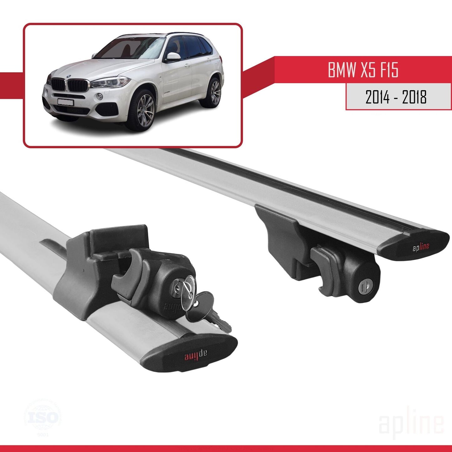 Kompatibel mit BMW X5 (F15) 2014-2018 HOOK Modell Dachgepäckträger, graues Aluminium, 2 Stangen