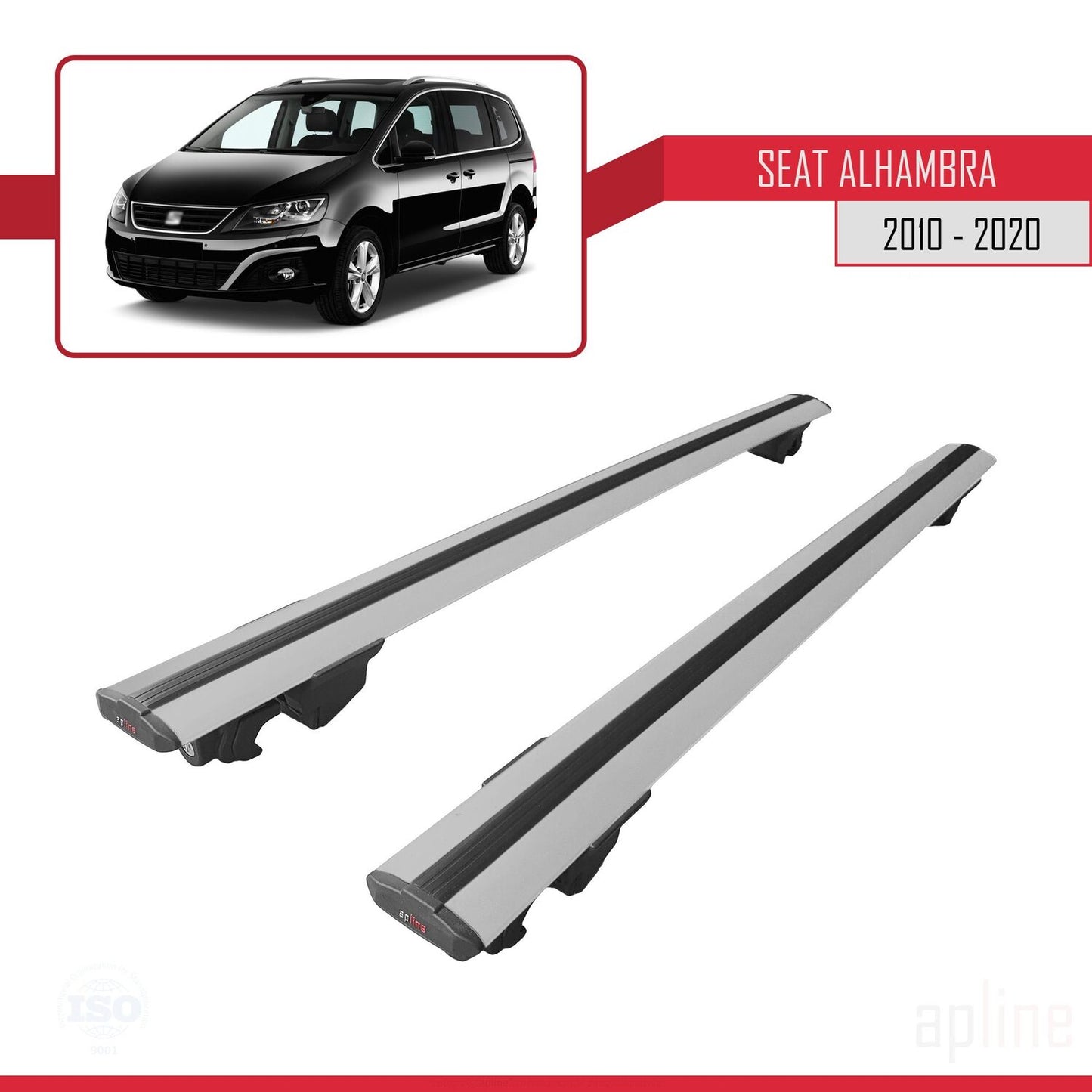 Compatible avec Seat Alhambra 2 (7N) 2010-2020 HOOK Model Barres de Toit Railing Porte-Bagages de Voiture Gris Aluminium 2 Barres