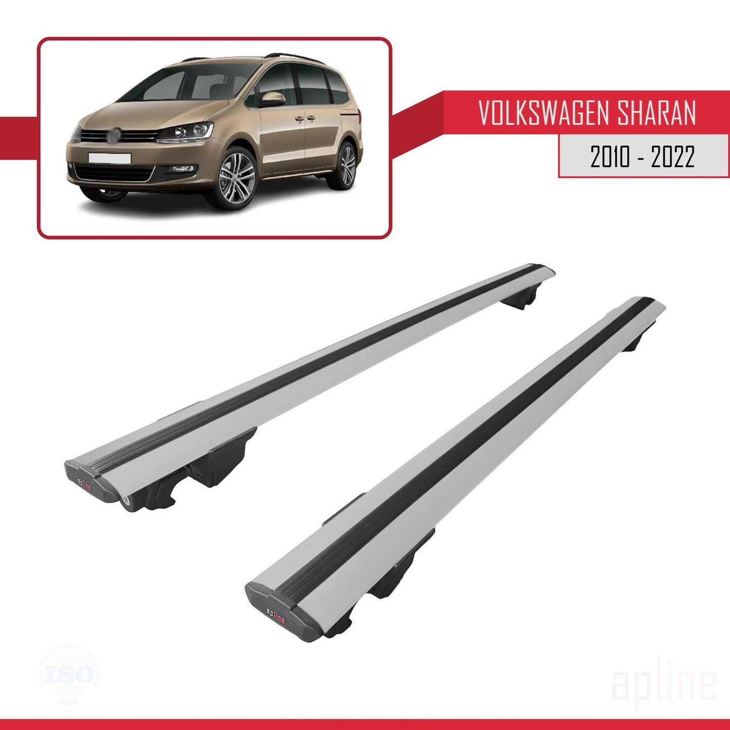Compatible avec Volkswagen Sharan 2 (7N) 2010-2022 HOOK Model Barres de Toit Railing Porte-Bagages de Voiture Gris Aluminium 2 Barres