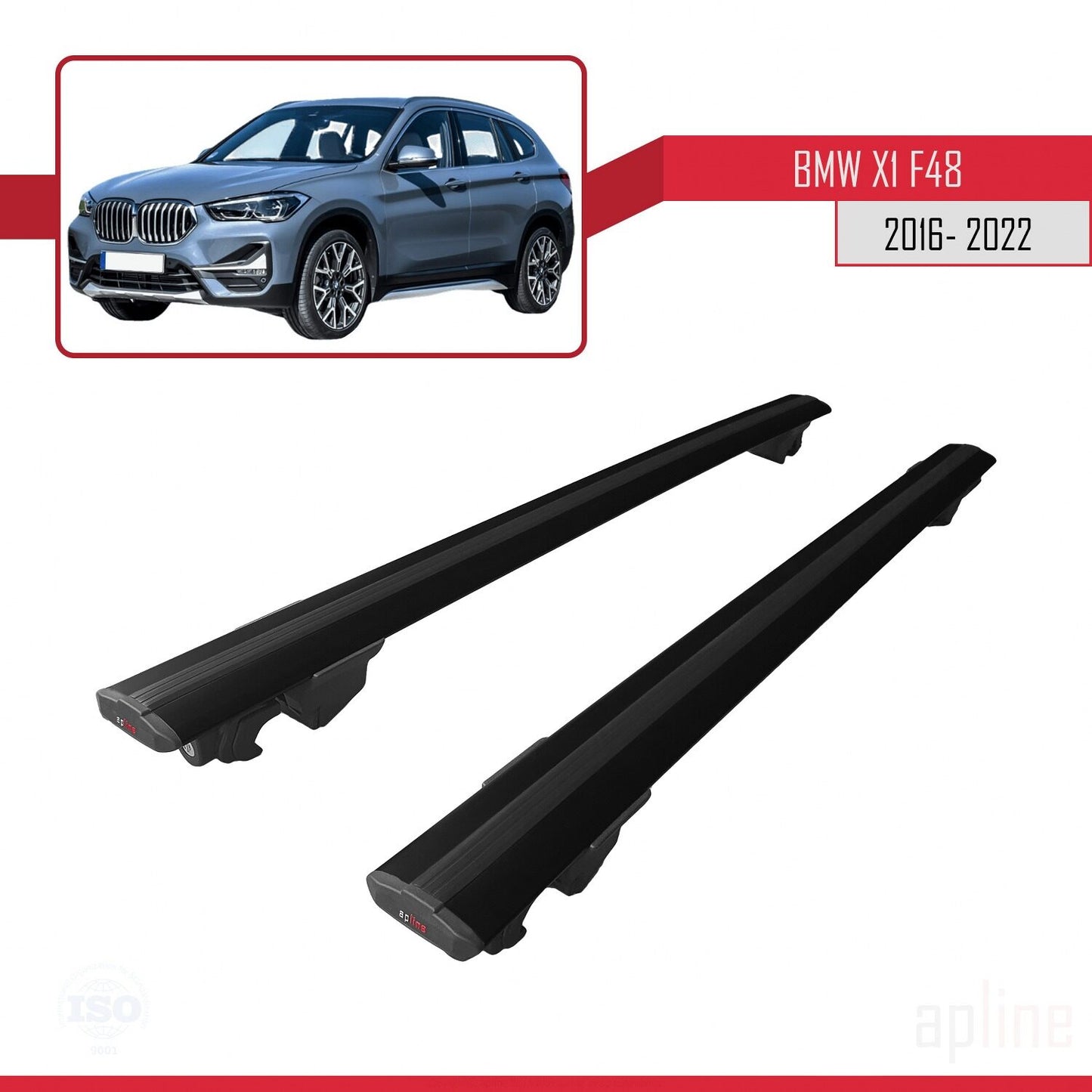Kompatibel mit BMW X1 (F48) 2016-2022 HOOK Modell Dachgepäckträger, schwarzes Aluminium, 2 Stangen