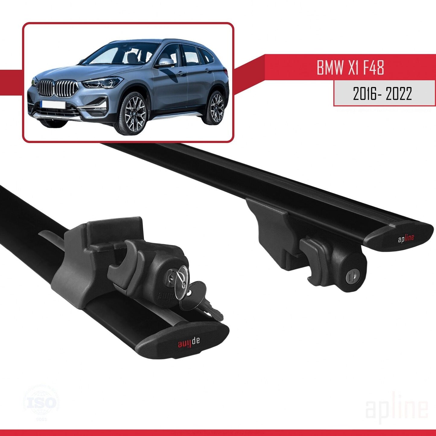 Kompatibel mit BMW X1 (F48) 2016-2022 HOOK Modell Dachgepäckträger, schwarzes Aluminium, 2 Stangen