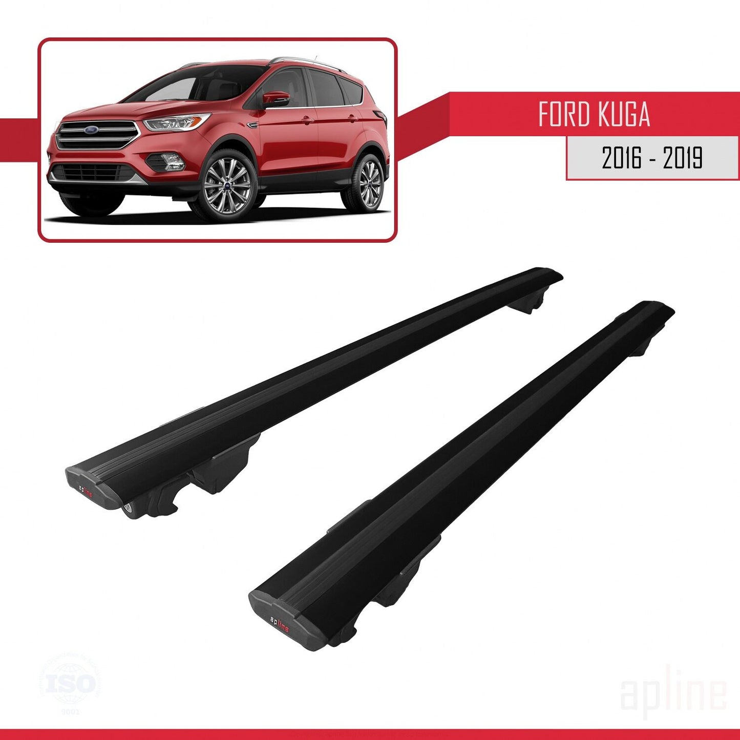 Kompatibel mit Ford Kuga 2 (C520) Post-Facelift 2016-2019 HOOK Model Relingträger Dachträger Auto Gepäckträger Schwarz Aluminium 2 Stangen