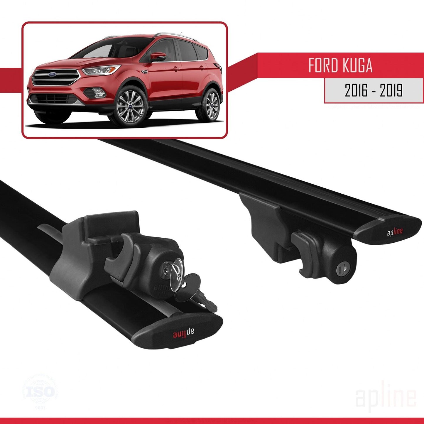 Kompatibel mit Ford Kuga 2 (C520) Post-Facelift 2016-2019 HOOK Model Relingträger Dachträger Auto Gepäckträger Schwarz Aluminium 2 Stangen