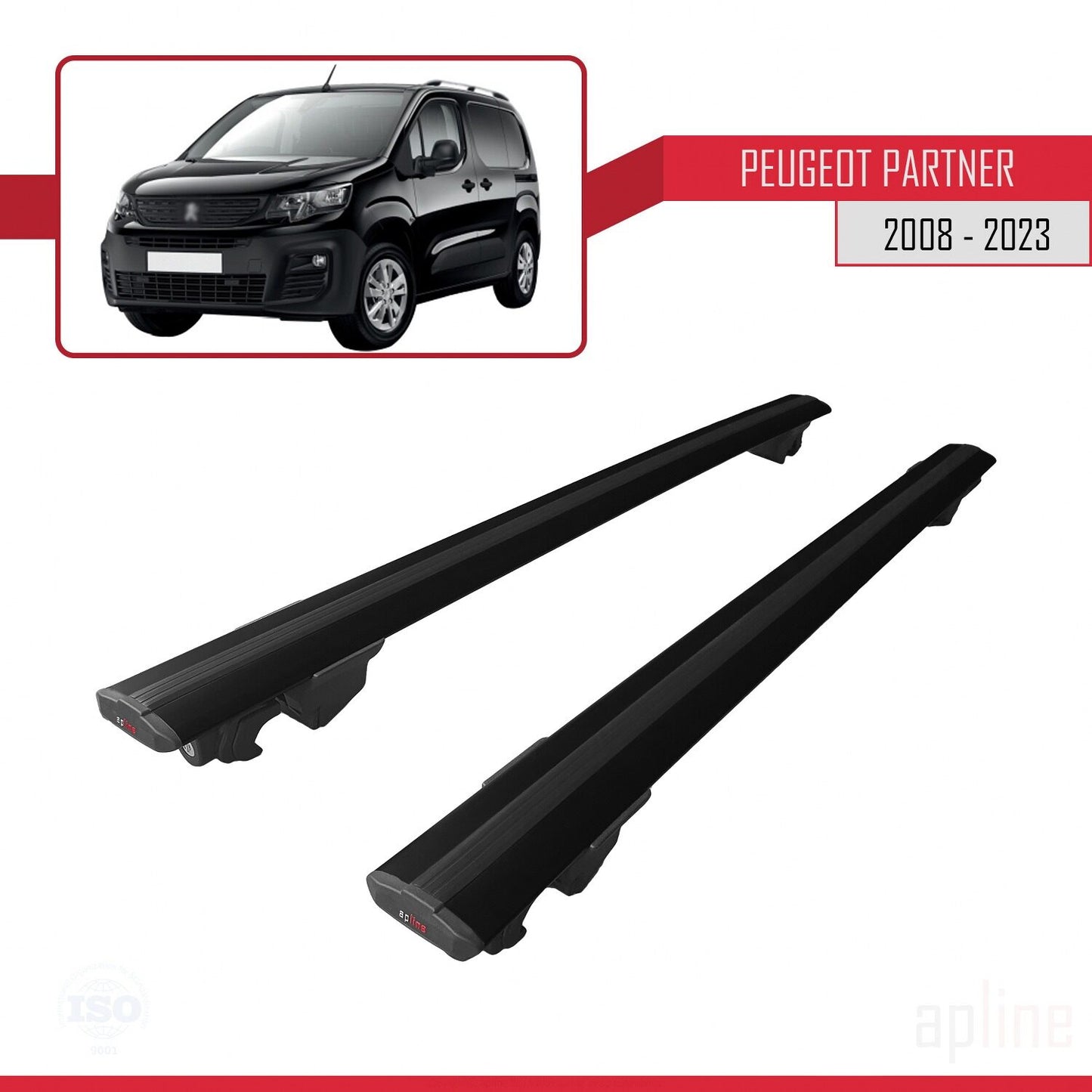 Compatible with Peugeot Partner 3 2019-2022 HOOK Model Car Roof Rack Cross Bar Black Aluminium 2 Bars
