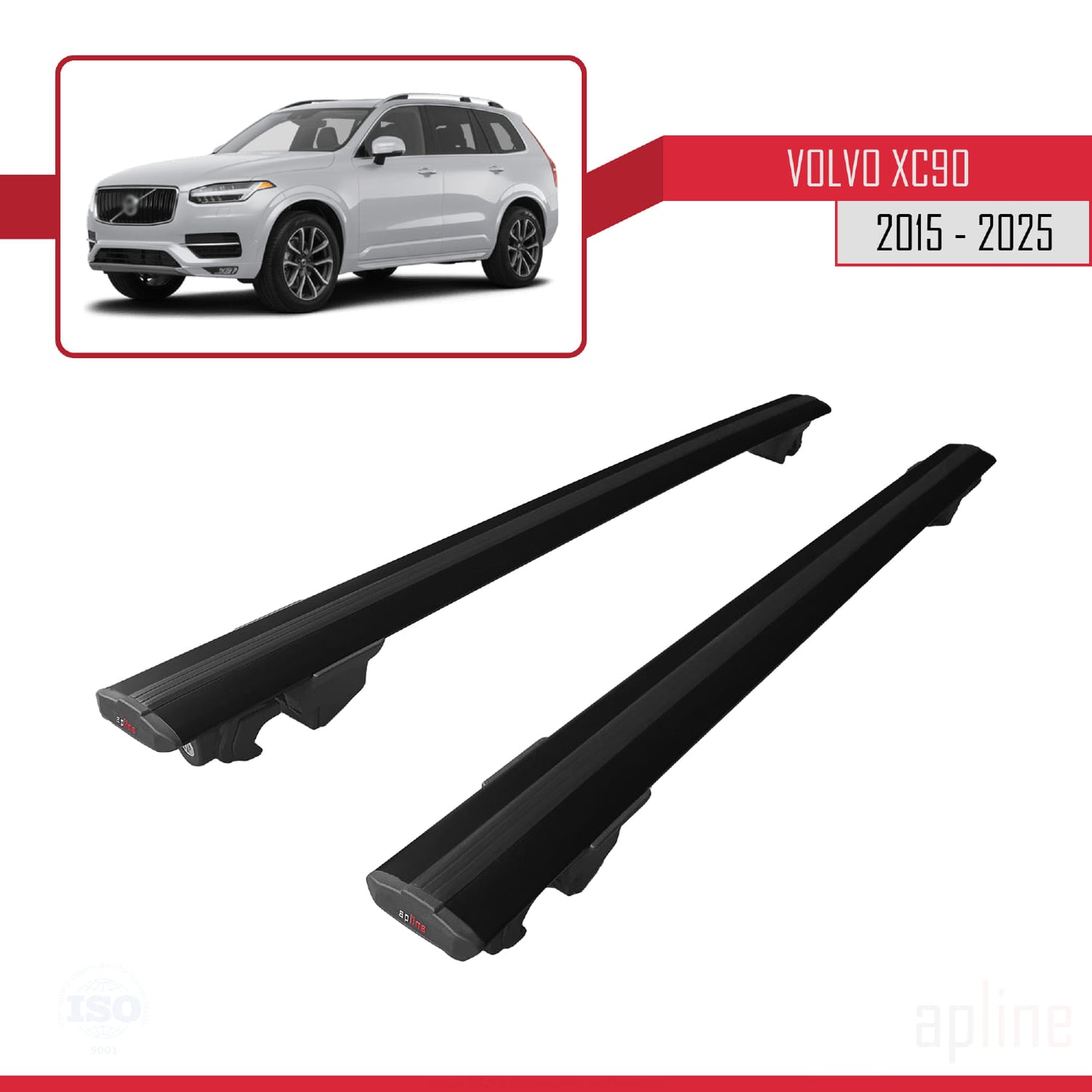 Compatible avec Volvo XC90 II 2015-2025 HOOK Model Barres de Toit Railing Porte-Bagages de Voiture Noir Aluminium 2 Barres