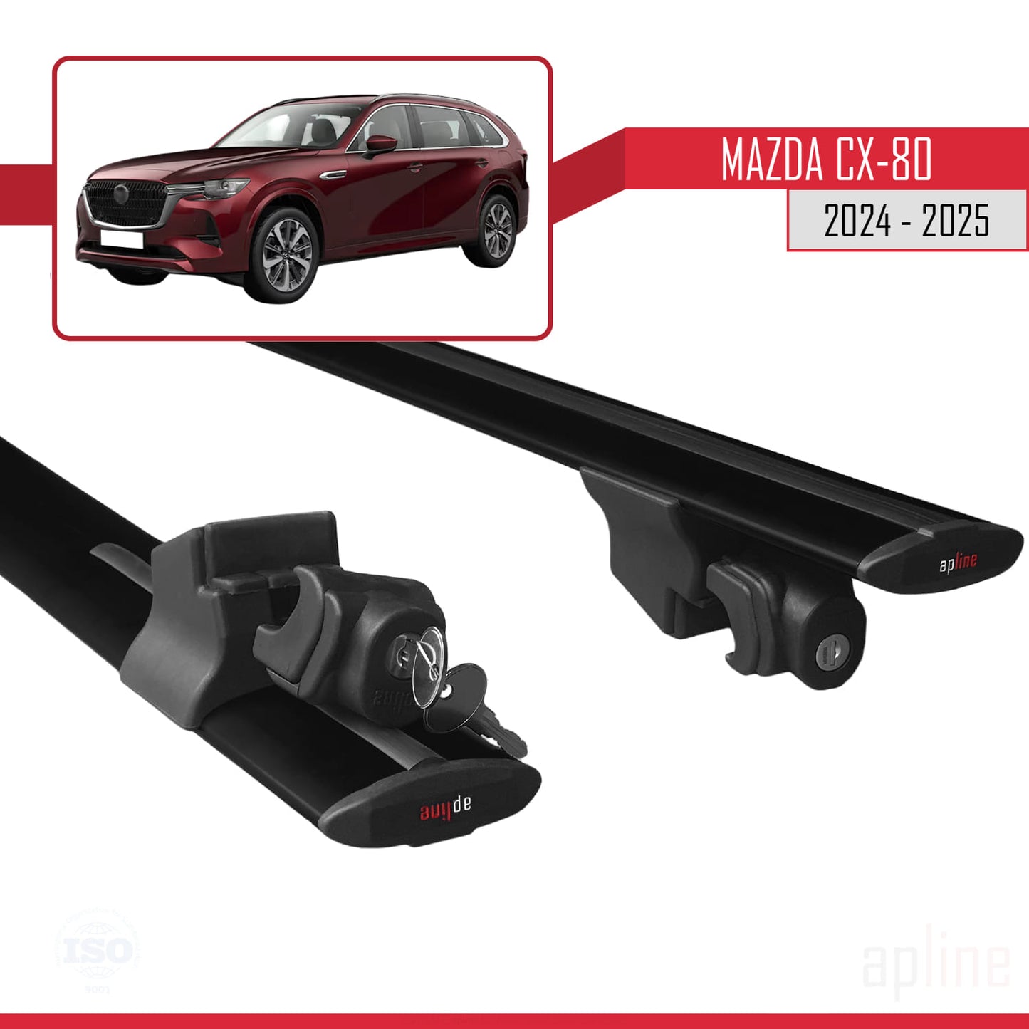 Compatible avec Mazda CX-80 2024-2025 HOOK Model Barres de Toit Railing Porte-Bagages de Voiture Noir Aluminium 2 Barres
