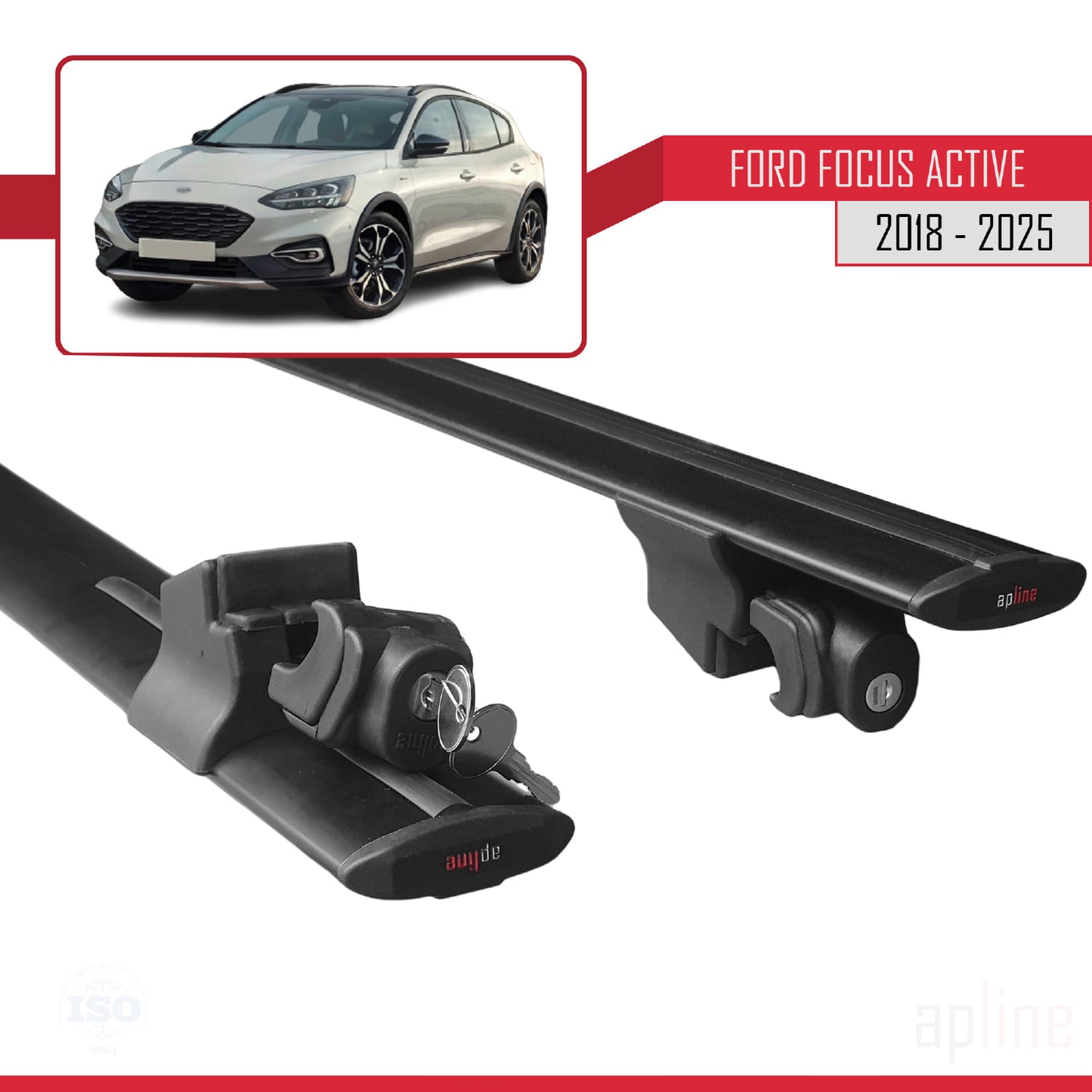 Kompatibel mit Ford Focus 4 (C519) Active 2018-2024 HOOK Modell Dachgepäckträger, Reling, Gepäckträger, schwarzes Aluminium, 2 Stangen