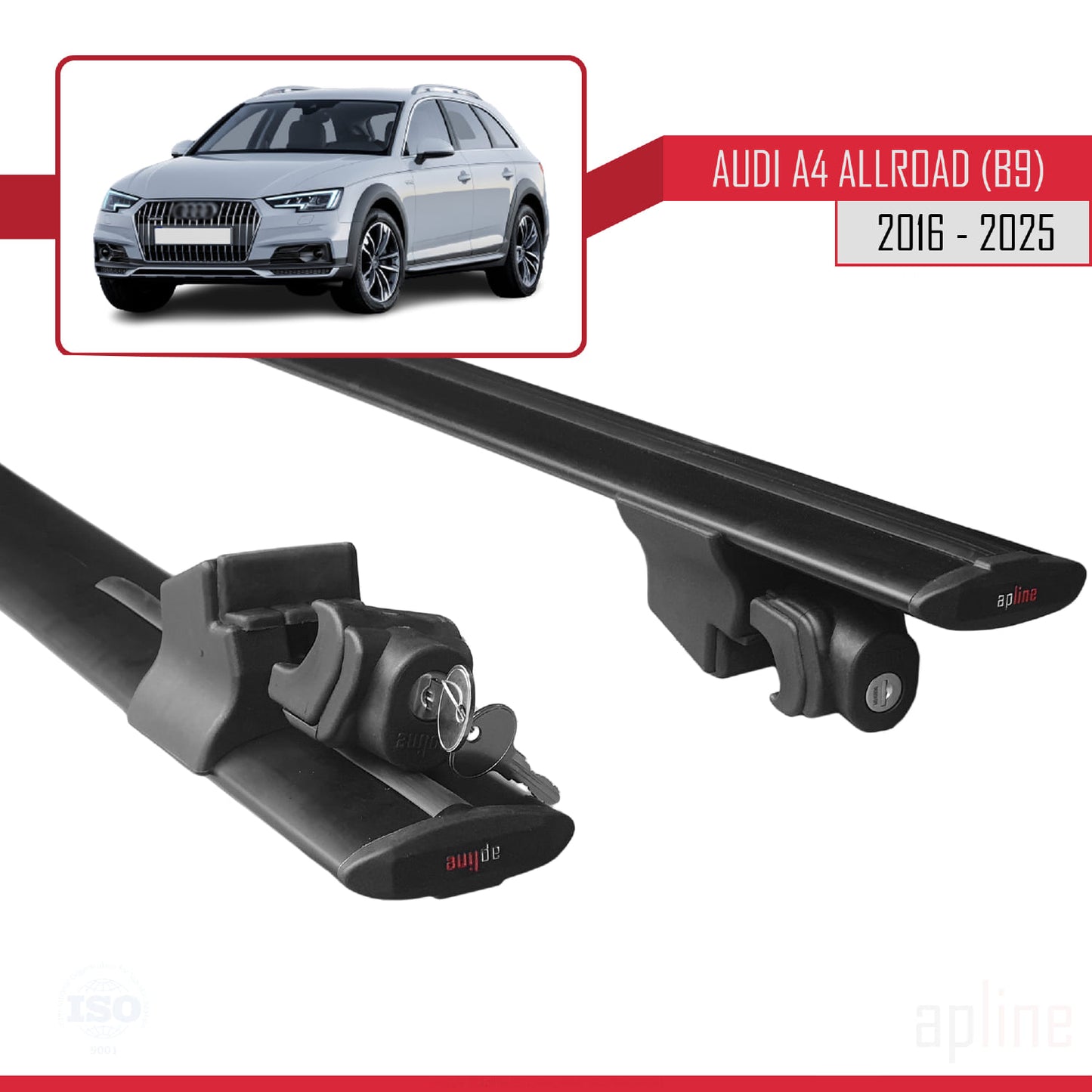 Kompatibel mit A4 (B9) Allroad 2016-2024 HOOK Modell Dachgepäckträger, schwarzes Aluminium, 2 Stangen