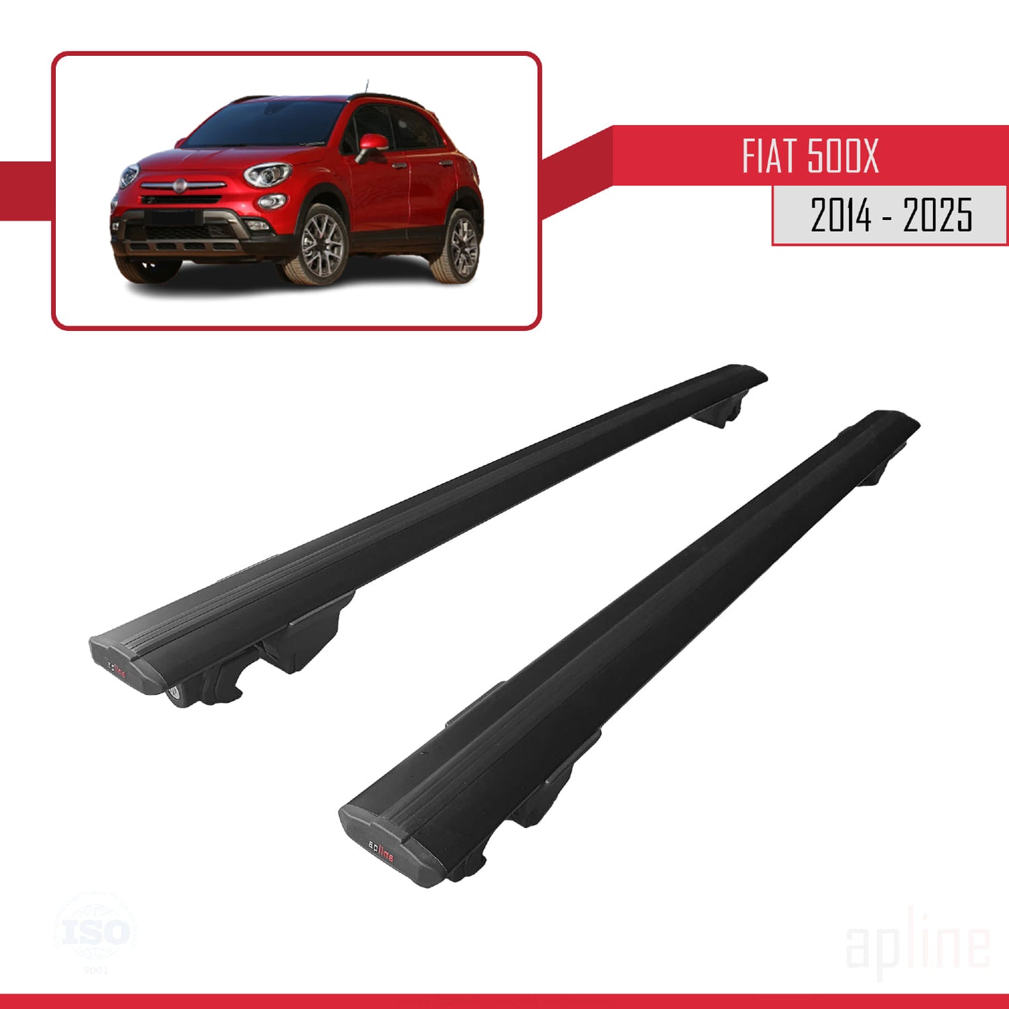 Kompatibel mit Fiat 500X 2014-2024 HOOK Modell Dachgepäckträger, Gepäckträger, schwarzes Aluminium, 2 Stangen