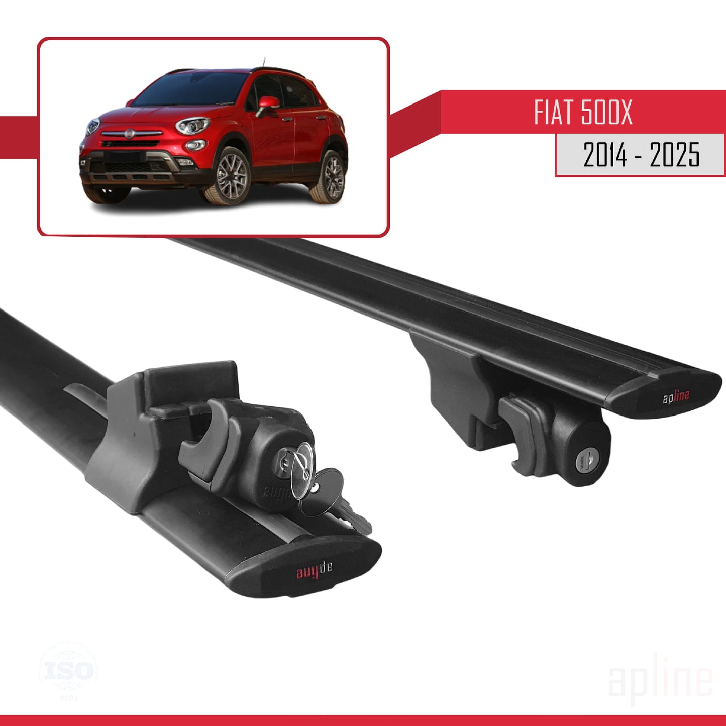 Kompatibel mit Fiat 500X 2014-2024 HOOK Modell Dachgepäckträger, Gepäckträger, schwarzes Aluminium, 2 Stangen