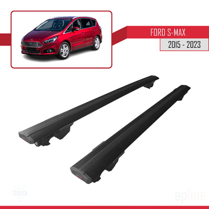 Kompatibel mit Ford S-Max 2 (CD539) 2015-2023 HOOK Model Relingträger Dachträger Auto Gepäckträger Schwarz Aluminium 2 Stangen