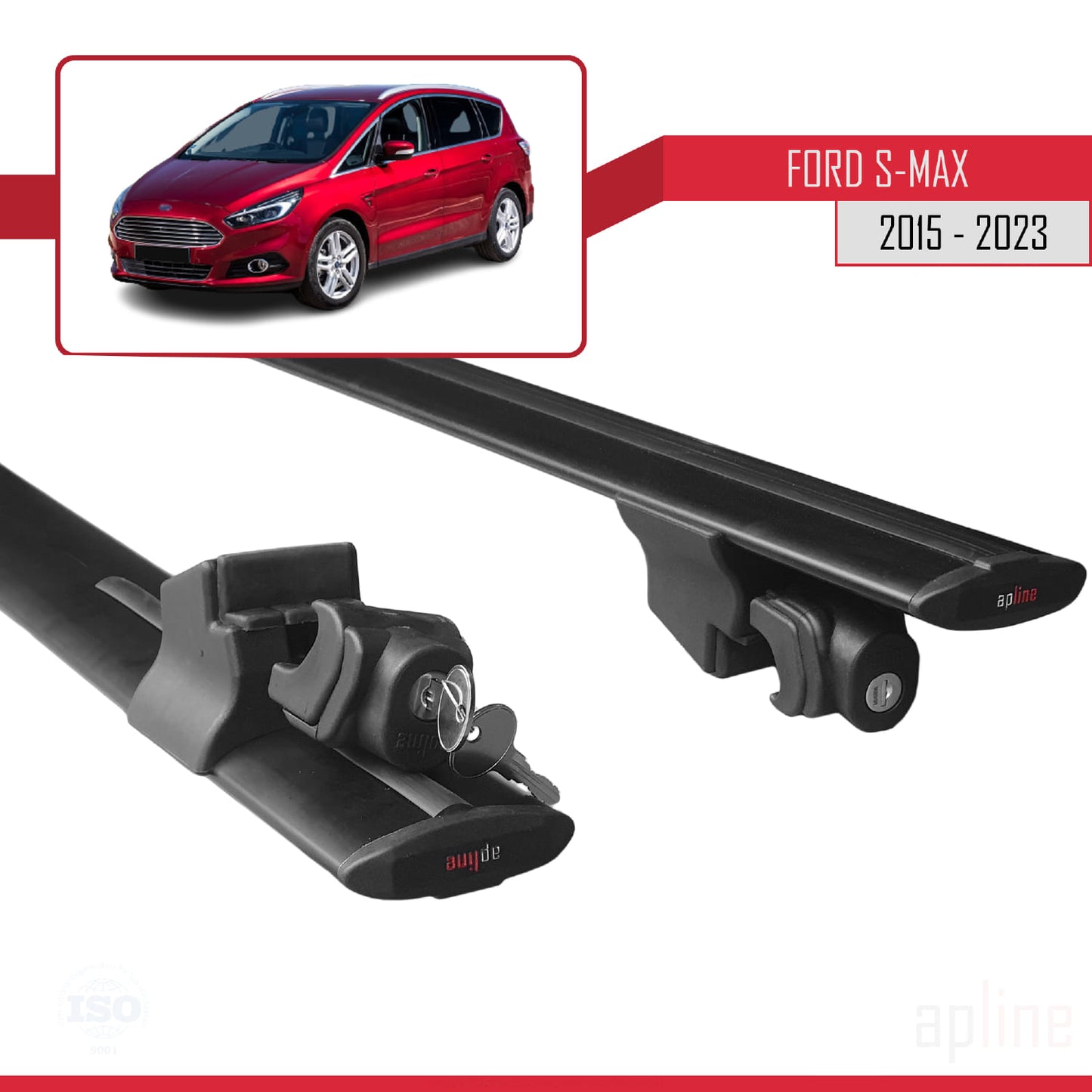 Kompatibel mit Ford S-Max 2 (CD539) 2015-2023 HOOK Model Relingträger Dachträger Auto Gepäckträger Schwarz Aluminium 2 Stangen