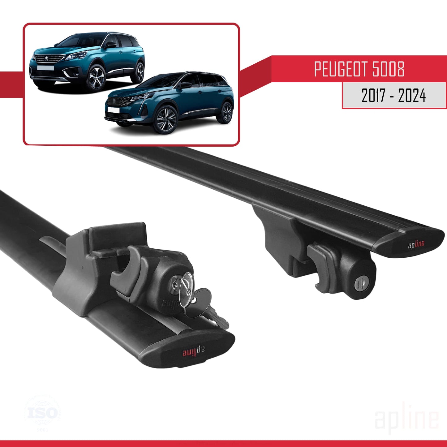 Kompatibel mit Peugeot 5008 II (P87) 2017-2024 HOOK Model Relingträger Dachträger Auto Gepäckträger Schwarz Aluminium 2 Stangen