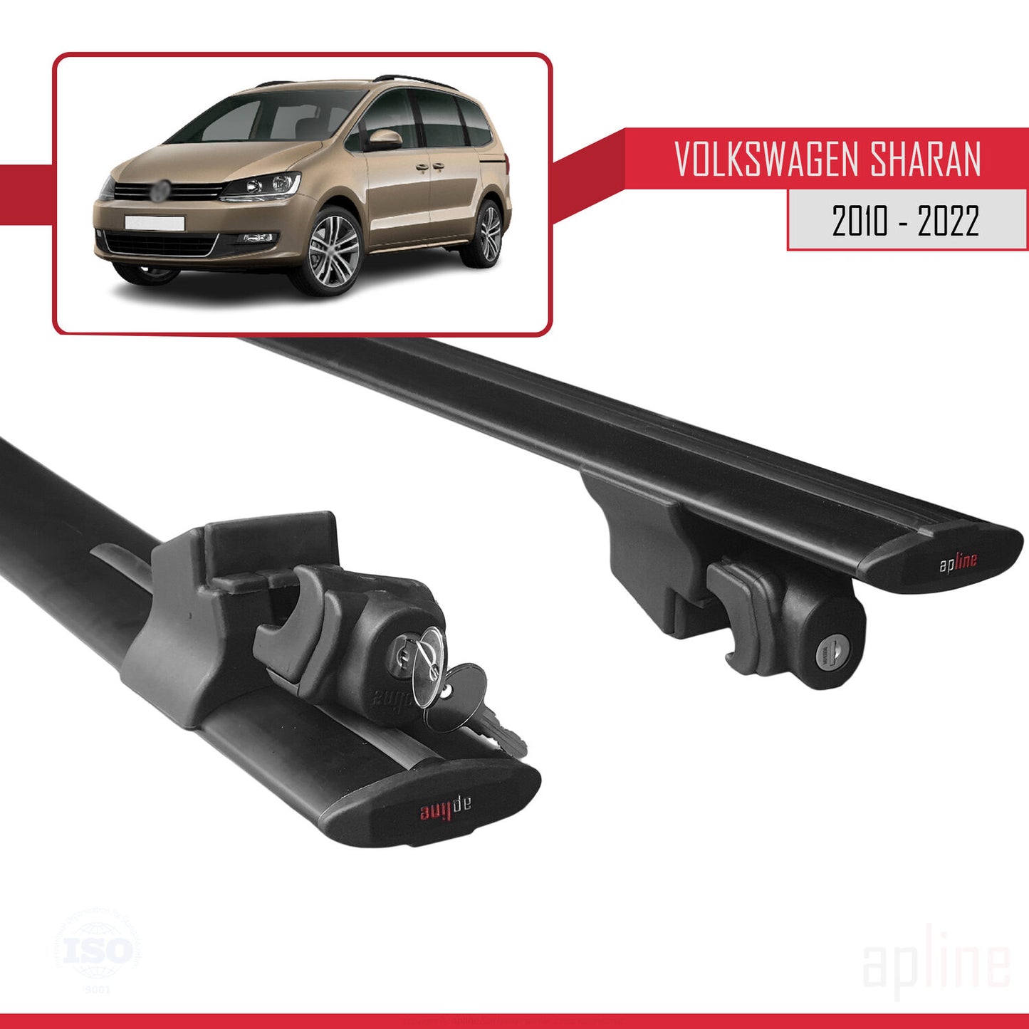 Compatible avec Volkswagen Sharan 2 (7N) 2010-2022 HOOK Model Barres de Toit Railing Porte-Bagages de Voiture Noir Aluminium 2 Barres