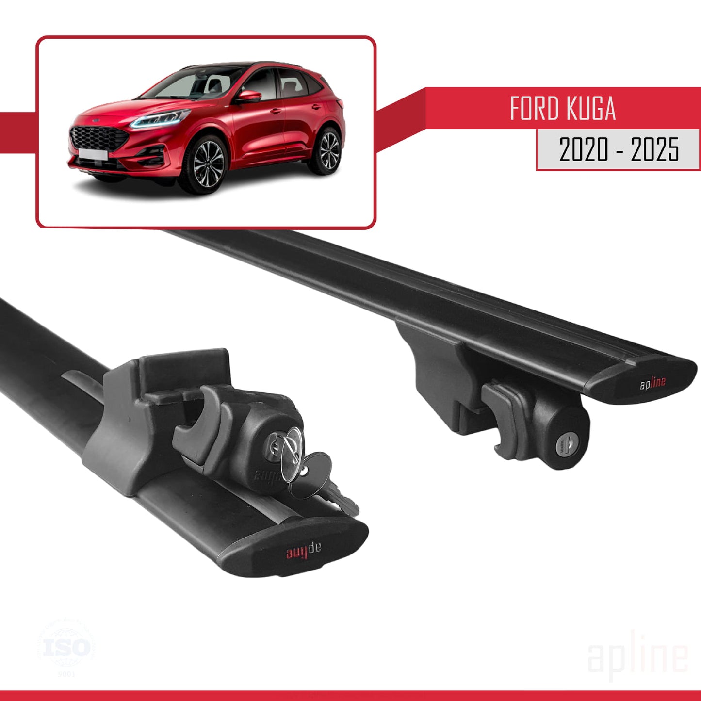 Compatible with Ford Kuga 3 (CX482) 2020-2024 HOOK Model Car Roof Rack Cross Bar Black Aluminium 2 Bars
