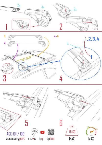 Kompatibel mit Chevrolet Cruze (J300) 2009-2016 ACE-1 Dachgepäckträger, Reling, Gepäckträger, schwarzes Aluminium, 2 Stangen