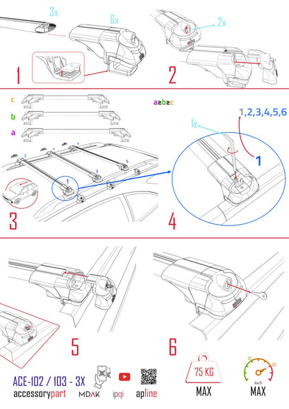 Kompatibel mit Fiat Fiorino (Rohrrahmenmodell) 2008-2025 ACE-1 Dachgepäckträger, Reling, Gepäckträger, graues Aluminium, 3 Stangen