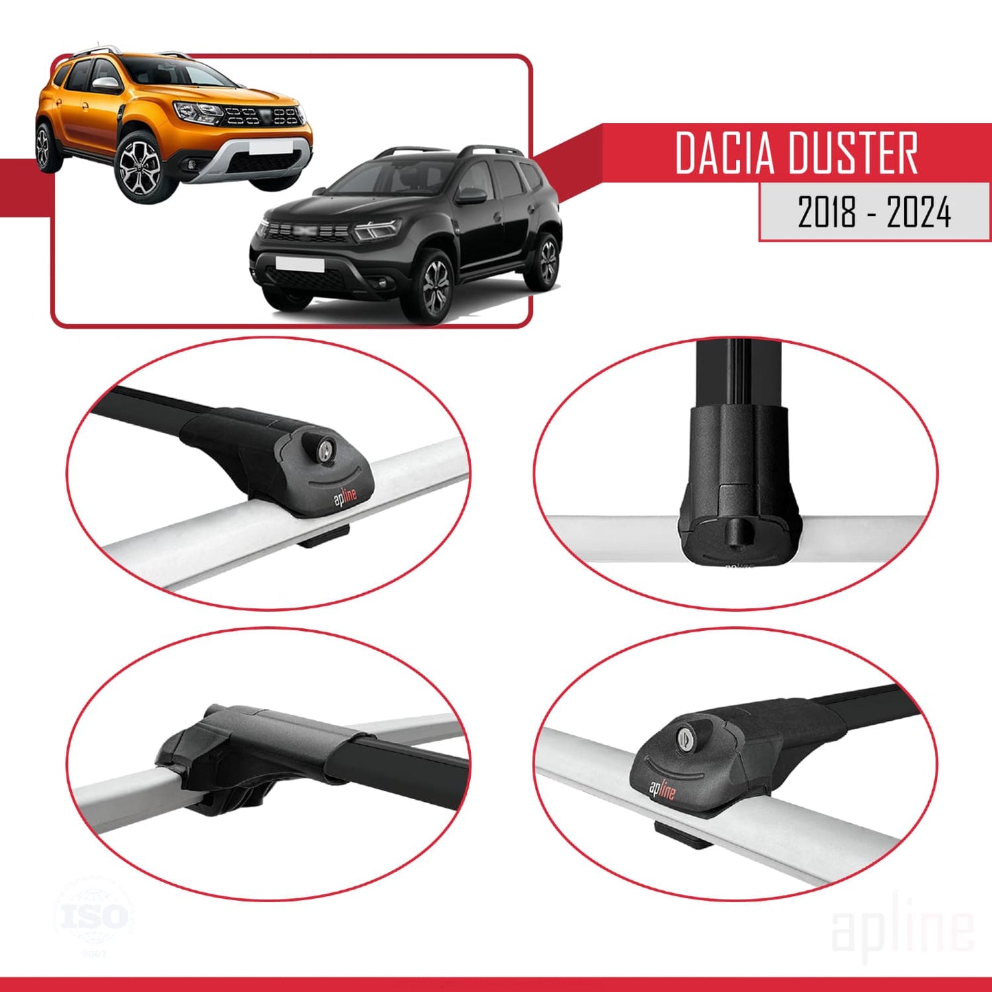 Kompatibel mit Dacia Duster 2 (HM) 2018-2024 ACE-1 Dachgepäckträger, Reling, Gepäckträger, schwarzes Aluminium, 2 Stangen
