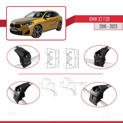 Kompatibel mit BMW X2 (F39) 2018-2023 ACE-2 Dachgepäckträger, Reling, Gepäckträger, graues Aluminium, 2 Stangen